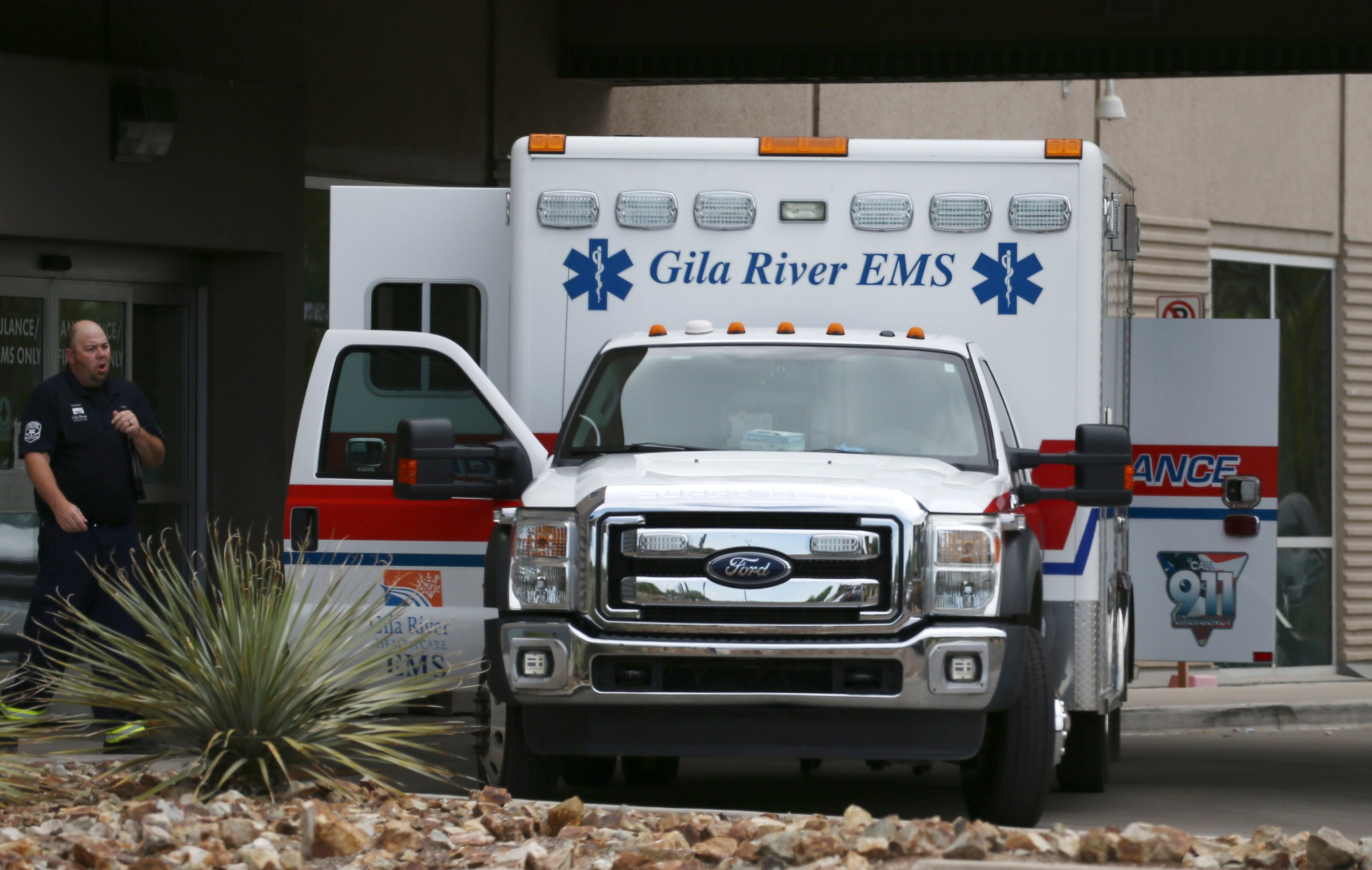 An ambulance parks at the emergency room entrance at Banner Estrella Medical Center on July 19 in Phoenix. 