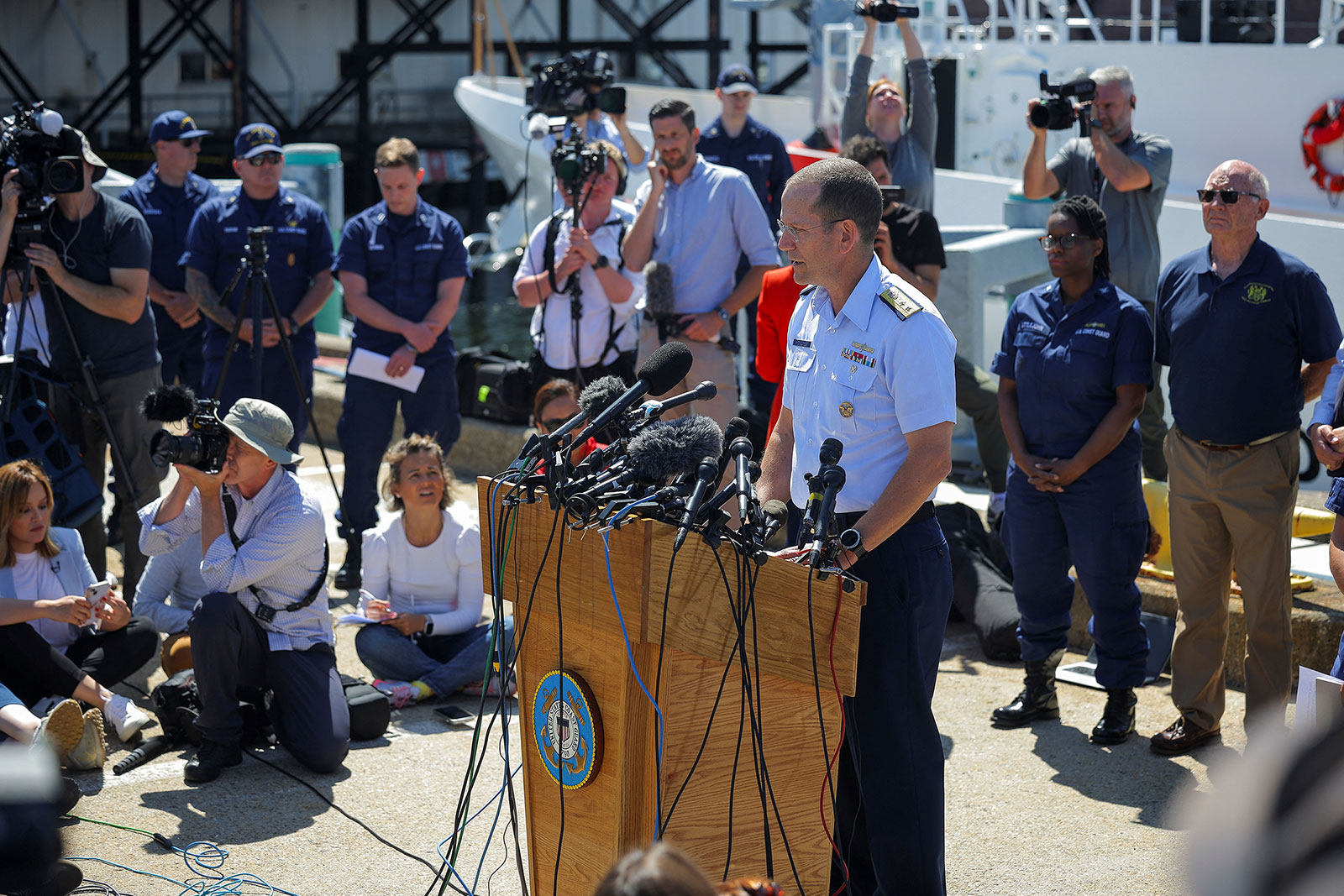 US Coast Guard Rear Admiral John Mauger speaks during a press conference in Boston on Thursday.