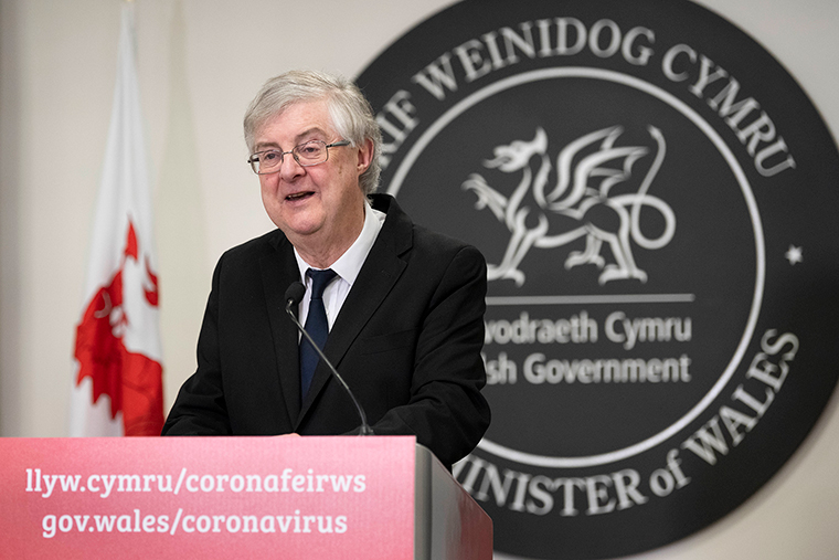 First Minister of Wales, Mark Drakeford speaks during a coronavirus press conference at the Welsh Government Building in Cathays Park on February 19, in Cardiff, Wales. 
