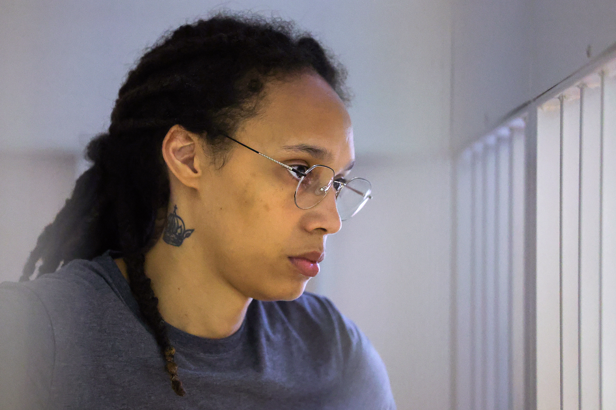 Brittney Griner listens to a verdict in a courtroom in Khimki, Russia, on Thursday, August 4. 
