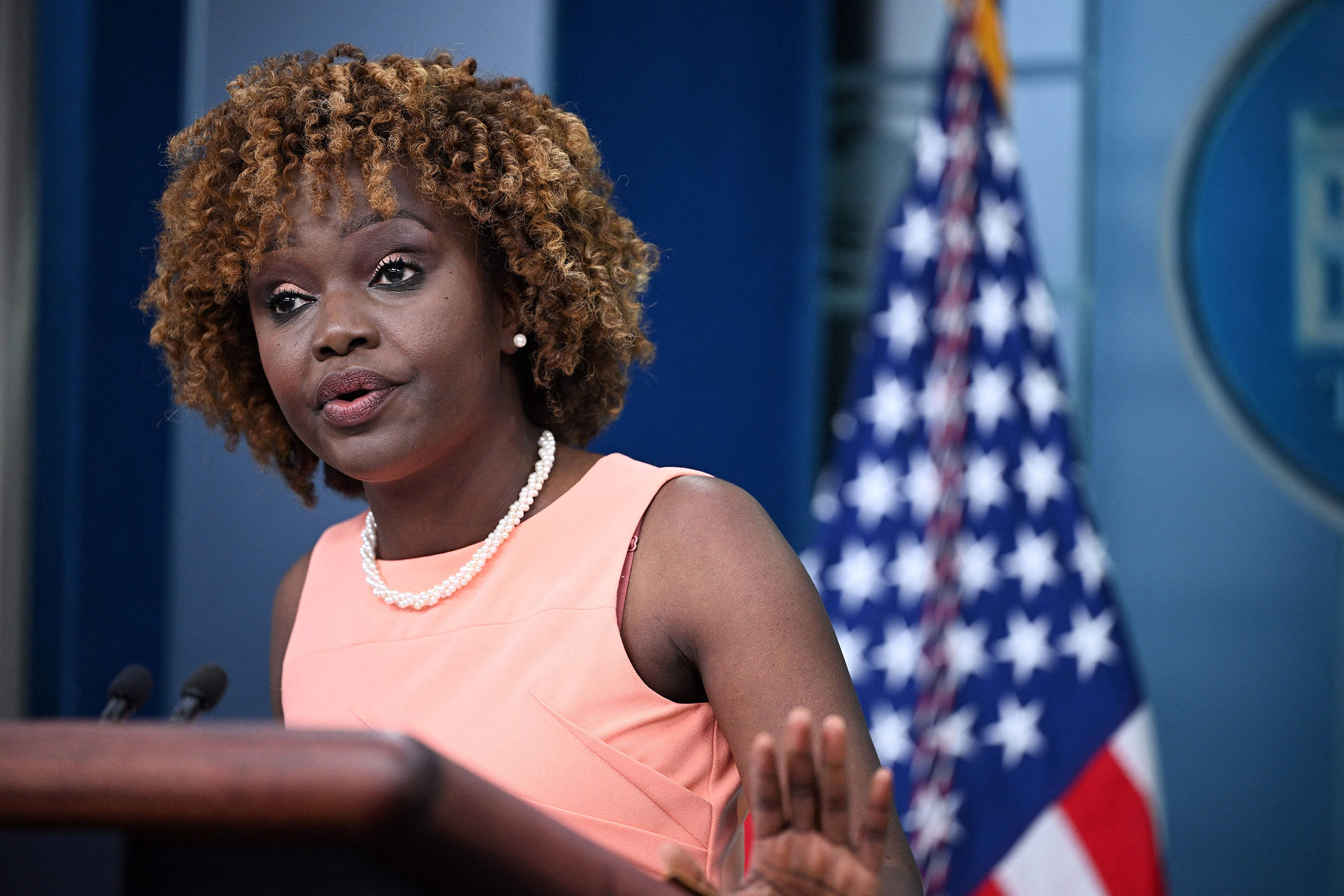 White House Press Secretary Karine Jean-Pierre speaks during the daily briefing in the Brady Press Briefing Room of the White House in Washington, DC, on July 25, 2023.