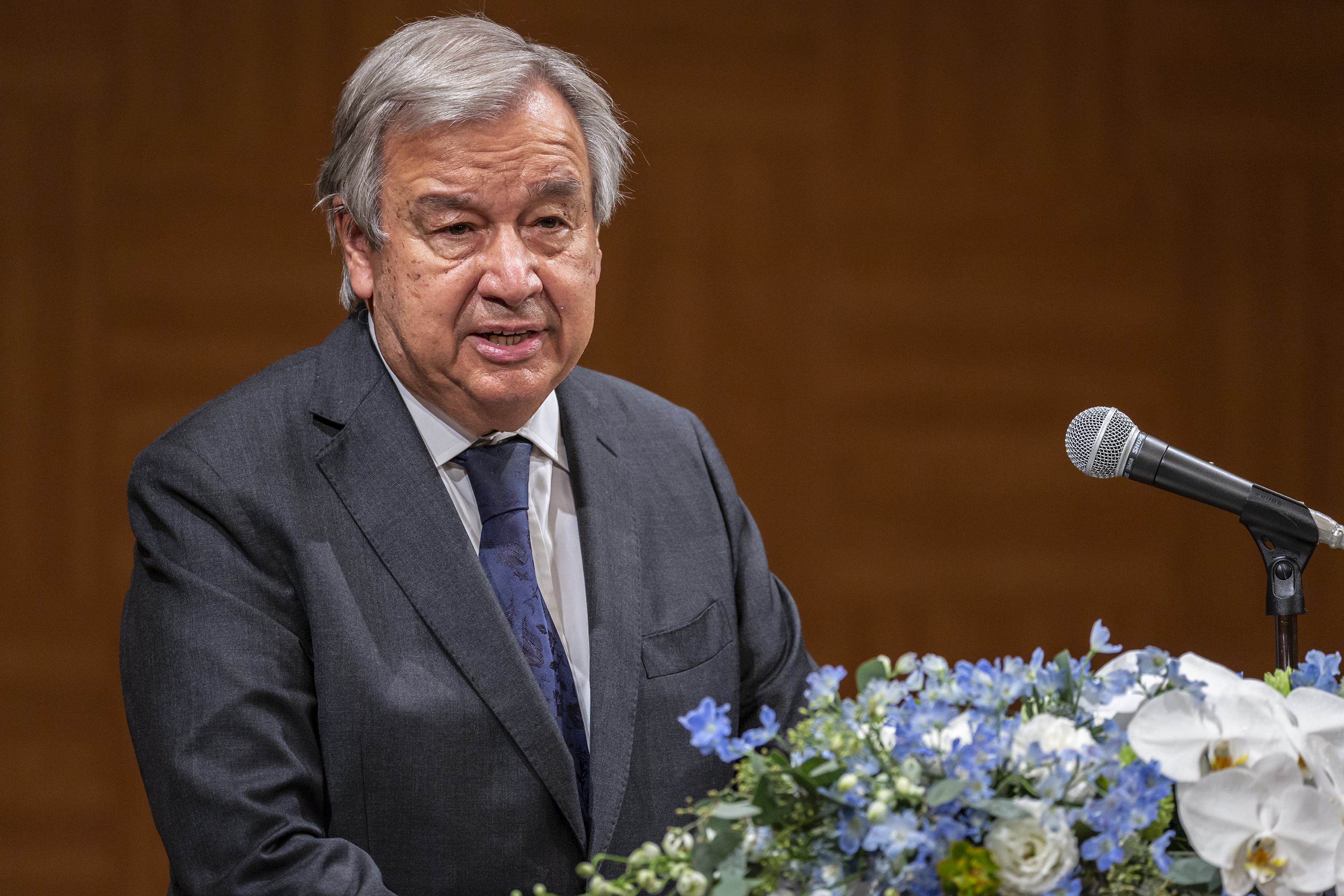 United Nations Secretary General Antonio Guterres speaks during a press conference on August 6 in Hiroshima, Japan.