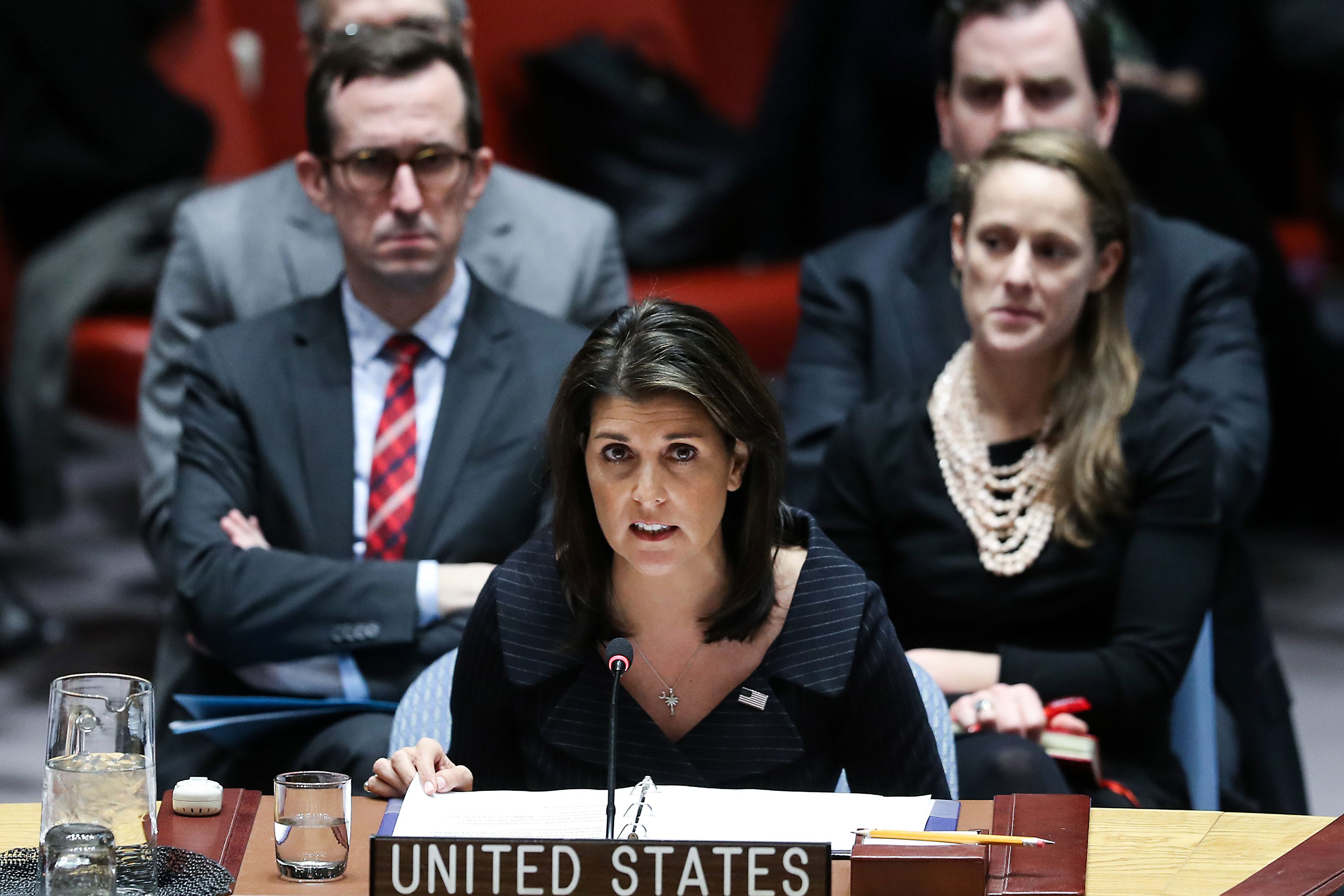 Nikki Haley makes a speech during a United Nations Security Council meeting at the UN headquarters in New York in 2018. 