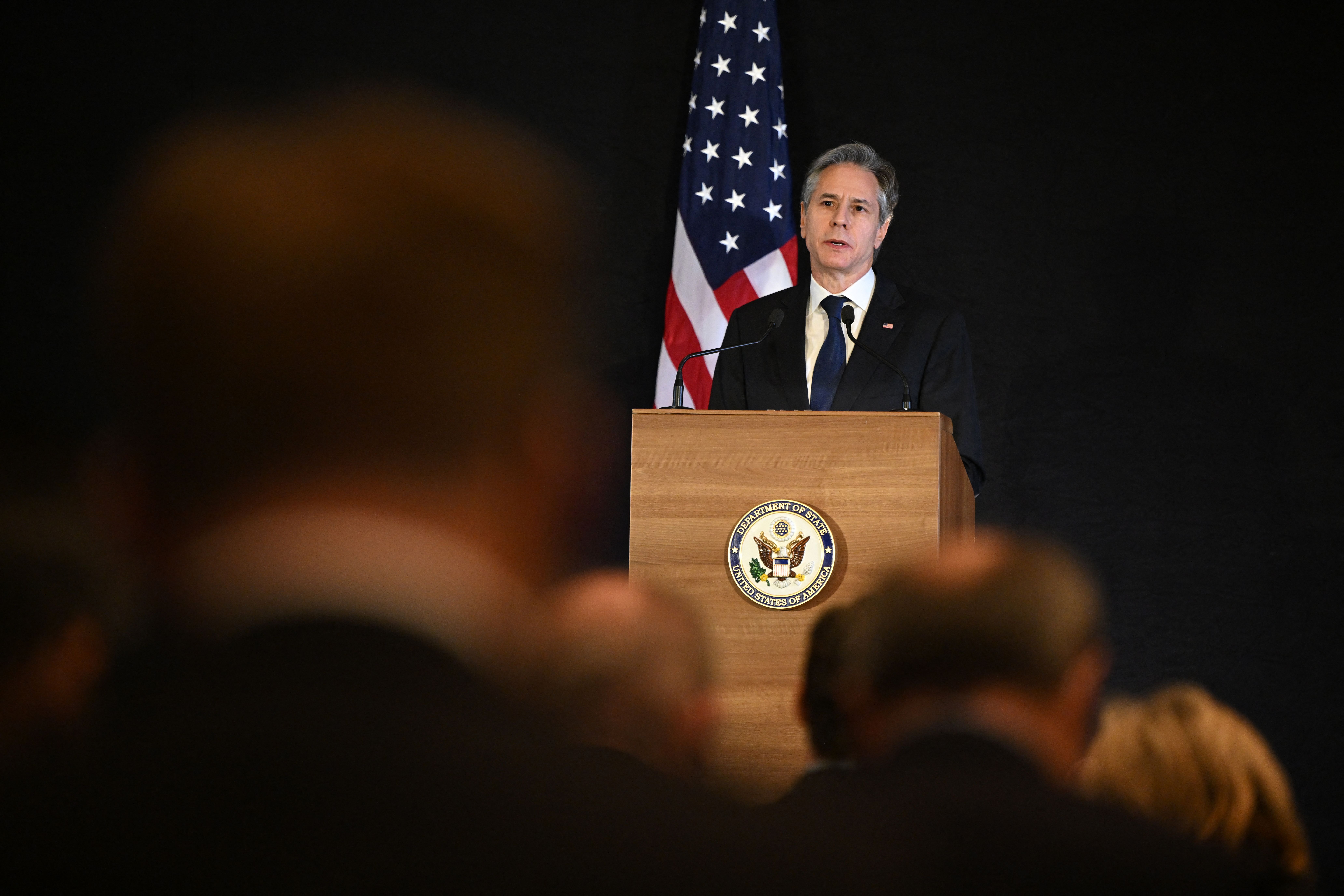 US Secretary of State Antony Blinken holds a press conference after meeting with Russian Foreign Minister Sergei Lavrov on January 21 in Geneva, Switzerland.