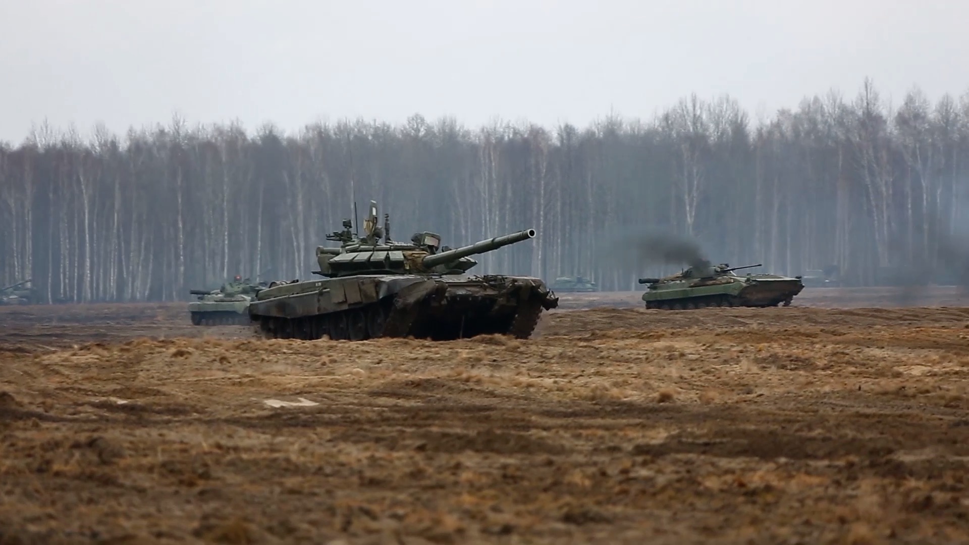 Image grab of footage released by the Russian defense ministry on February 11 showed tanks, helicopters, and fighter jets deployed in the drills in an unidentified location in Belarus.