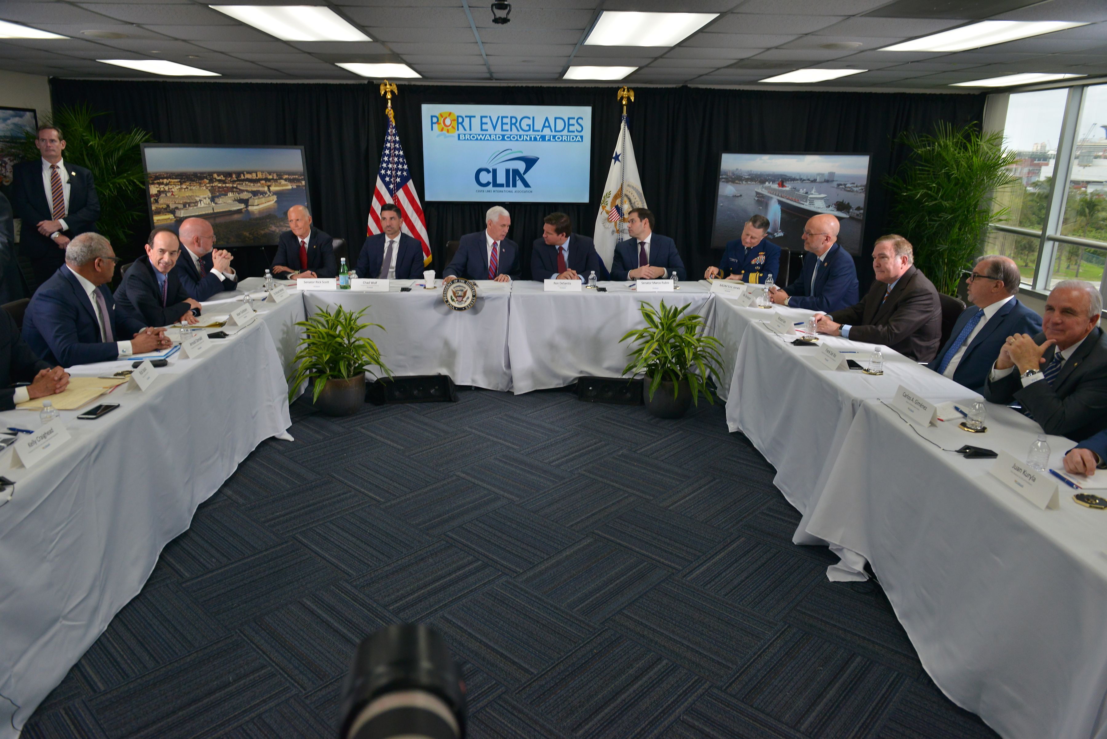 US Vice President Mike Pence holds a discussion with Cruise Line Company Leaders about possible coronavirus issues at Port Everglades Administration Building in Fort Lauderdale, on Saturday, March 7.