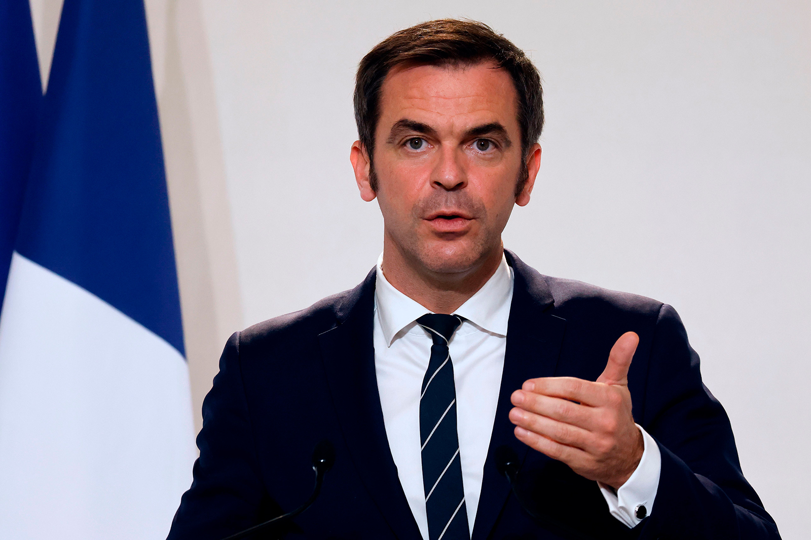 French Health Minister Olivier Veran speaks during a press conference at the French Health Ministry in Paris, on November 12.