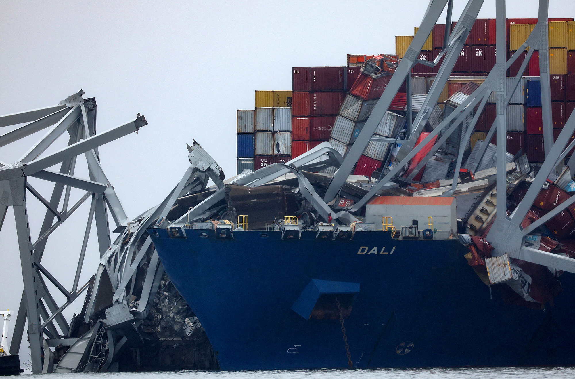 Wreckage lies across the deck of the Dali cargo vessel in Baltimore, Maryland, on March 27. 