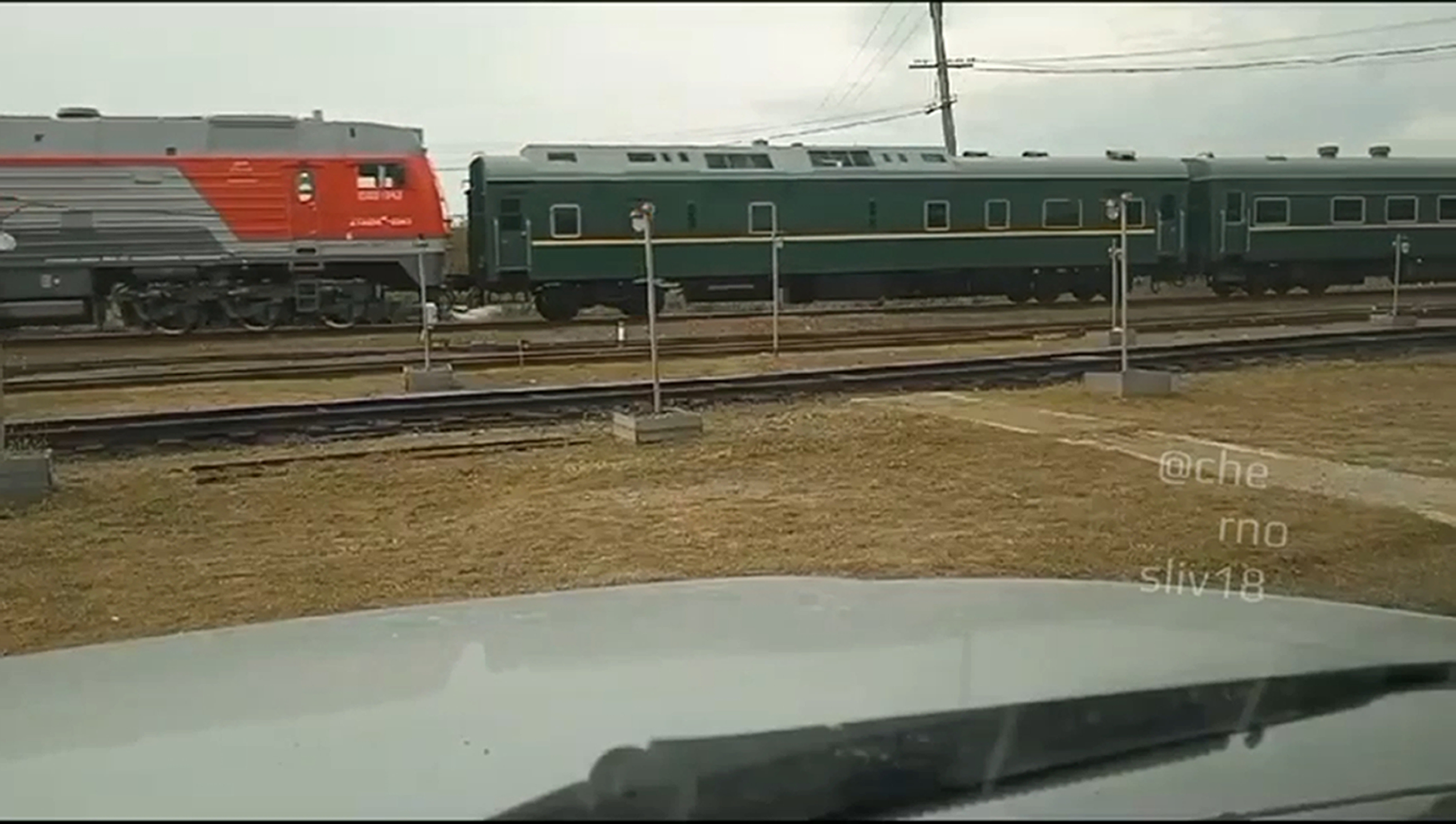 A green train with yellow trimmings, resembling one used by North Korean leader Kim Jong Un on his previous travels, is seen steaming near Khasan, about 127 km (79 miles) south of Vladivostok, Russia, on September 12 in this image taken from social media.