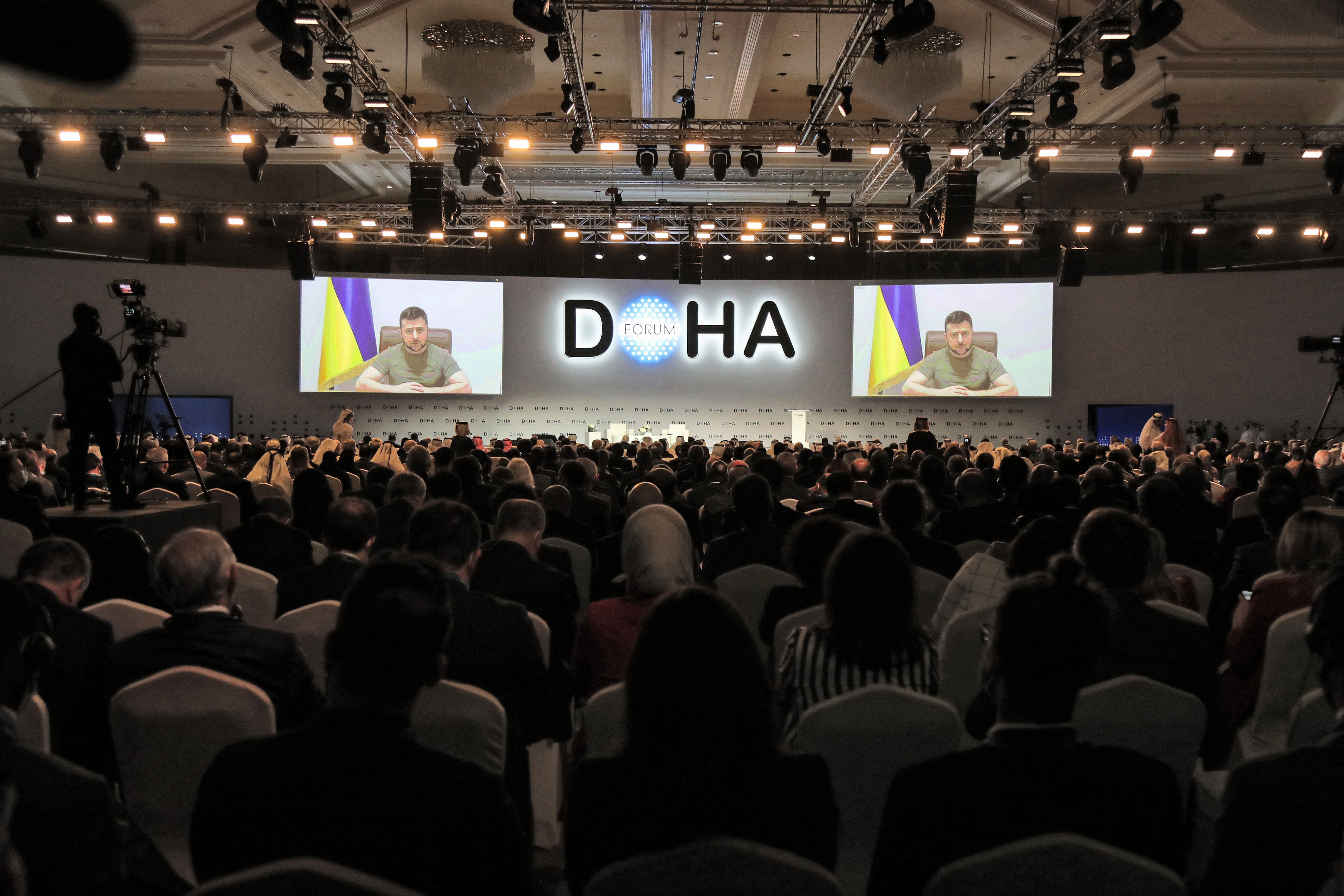 Ukraine's President Volodymyr Zelensky delivers a video link address to the Doha Forum in Qatar's capital on March 26.