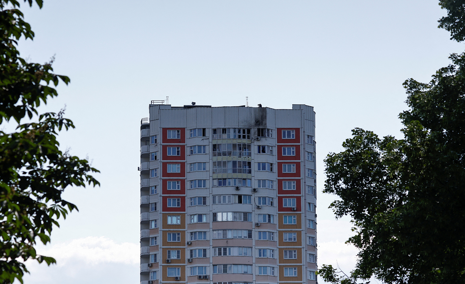 This picture shows a damaged multi-storey apartment block following a reported drone attack in Moscow, Russia, on May 30.