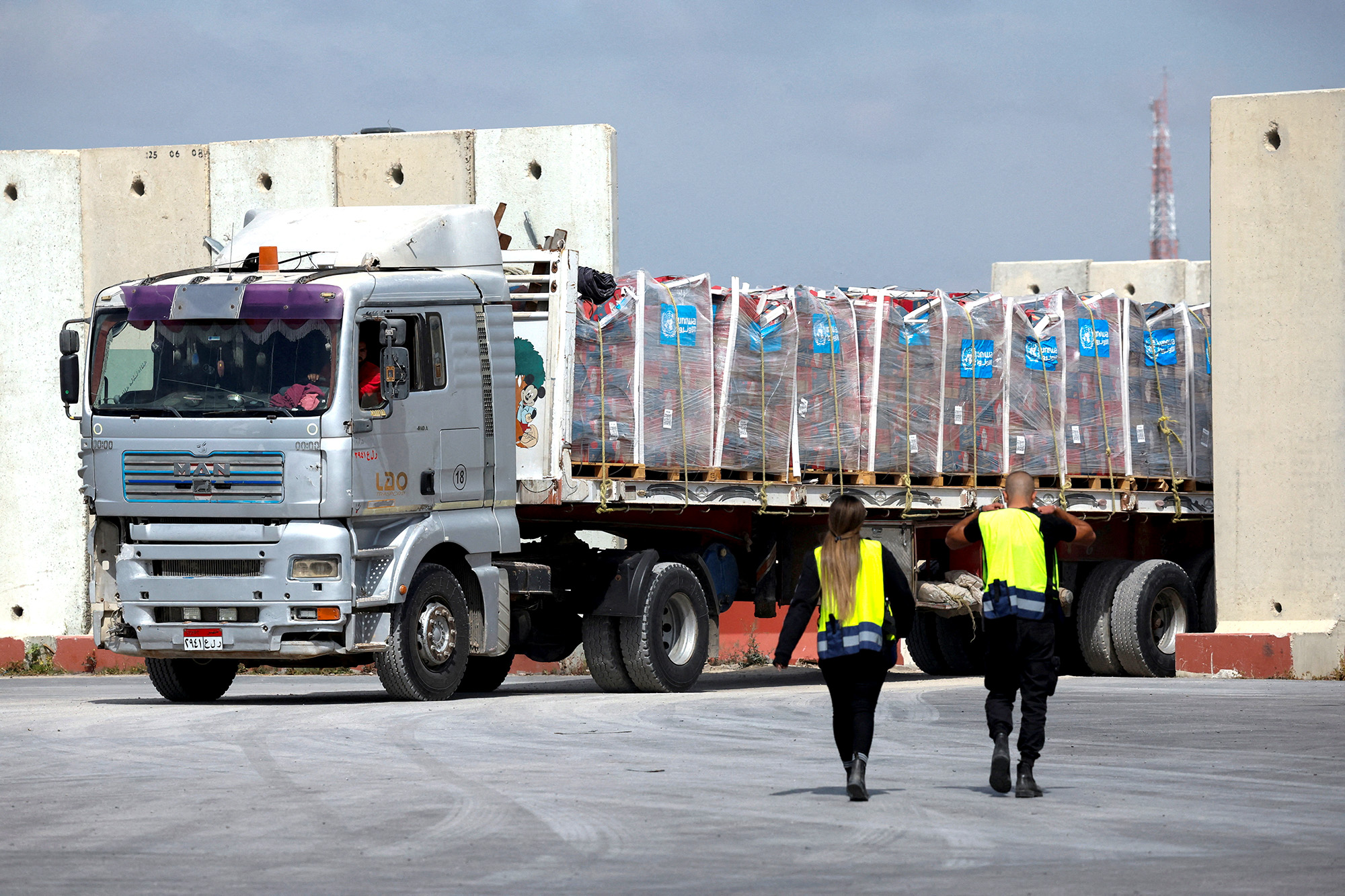 A truck carrying humanitarian aid bound for Gaza arrives at the inspection area at the Kerem Shalom crossing in southern Israel, on March 14.