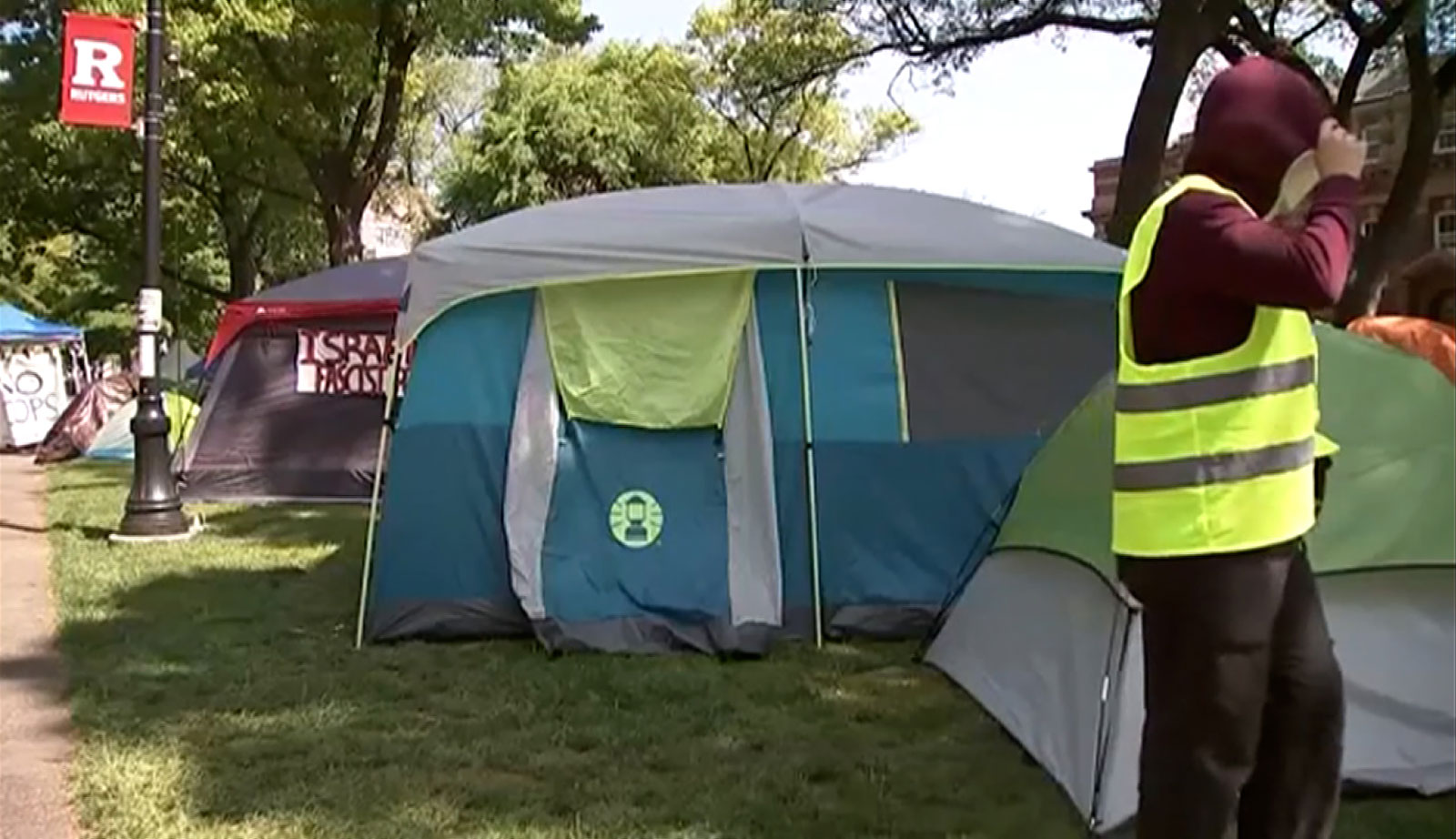 An encampment is seen at Rutgers University in New Brunswick, New Jersey, on Thursday.