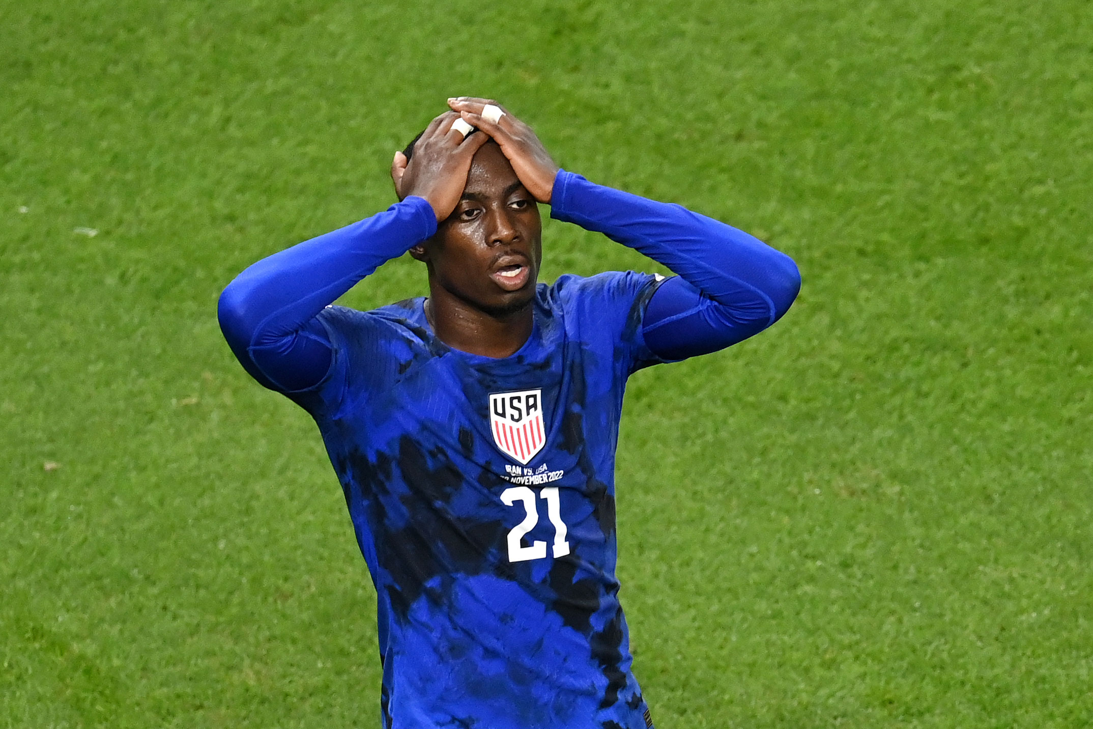 Timothy Weah of the United States reacts after scoring a goal which was later ruled offside.