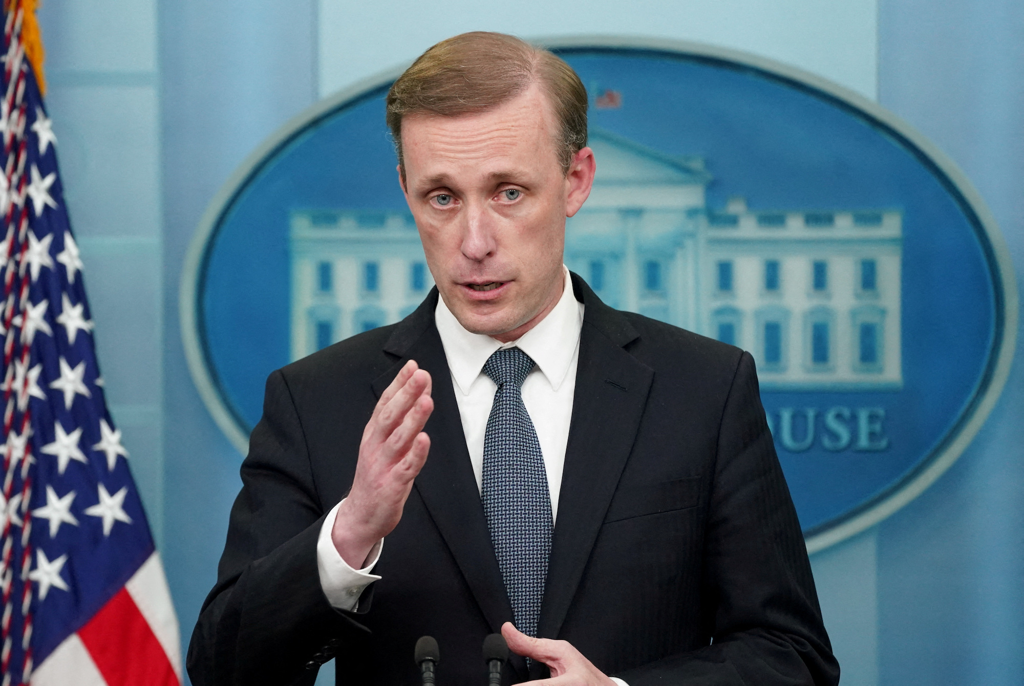 National security adviser Jake Sullivan speaks during a press briefing at the White House on July 11.