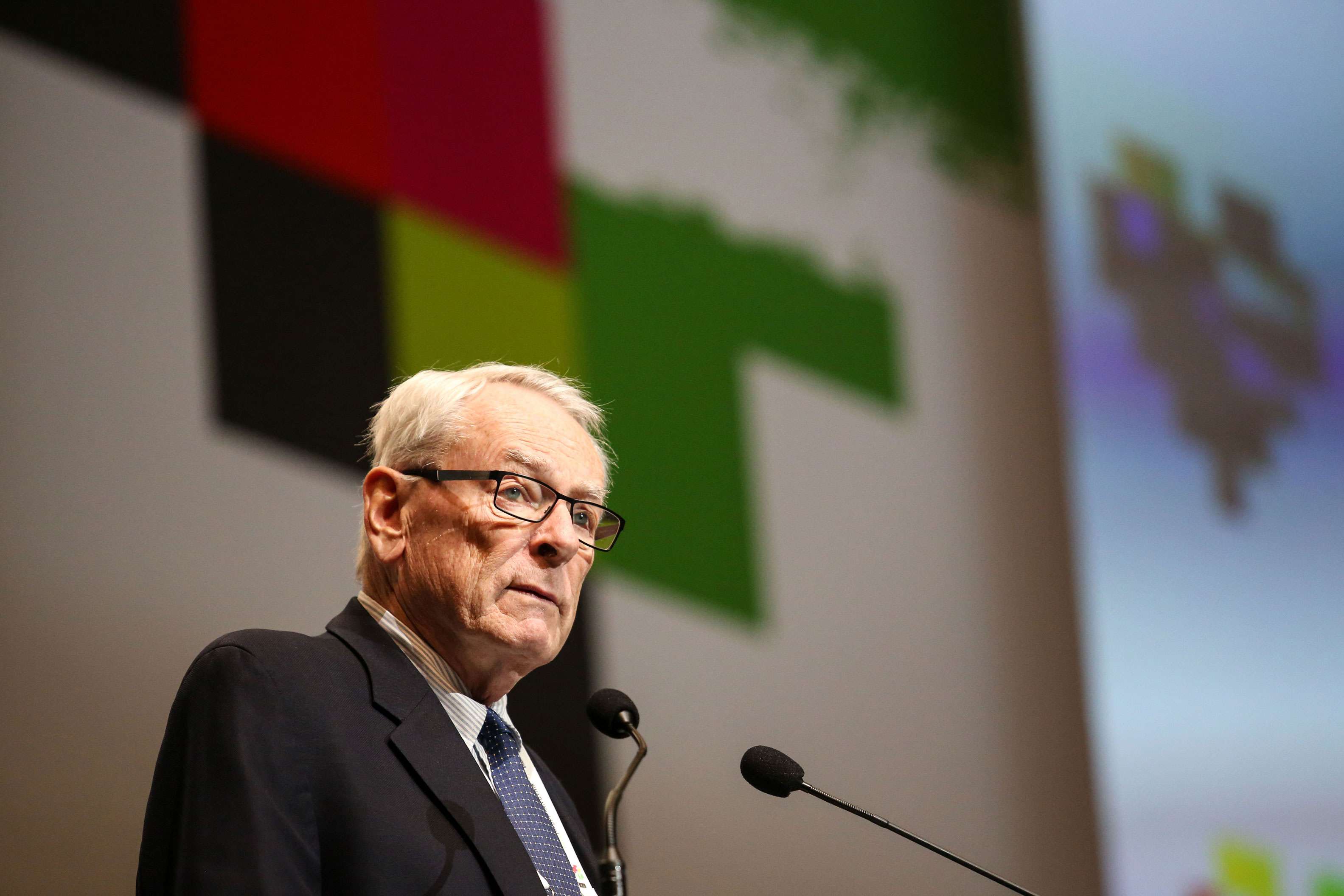 In this file photo, WADA founding president Dick Pound speaks at the closing ceremony of the World Conference on Anti-Doping in Sport 2019, in Katowice, Poland. 