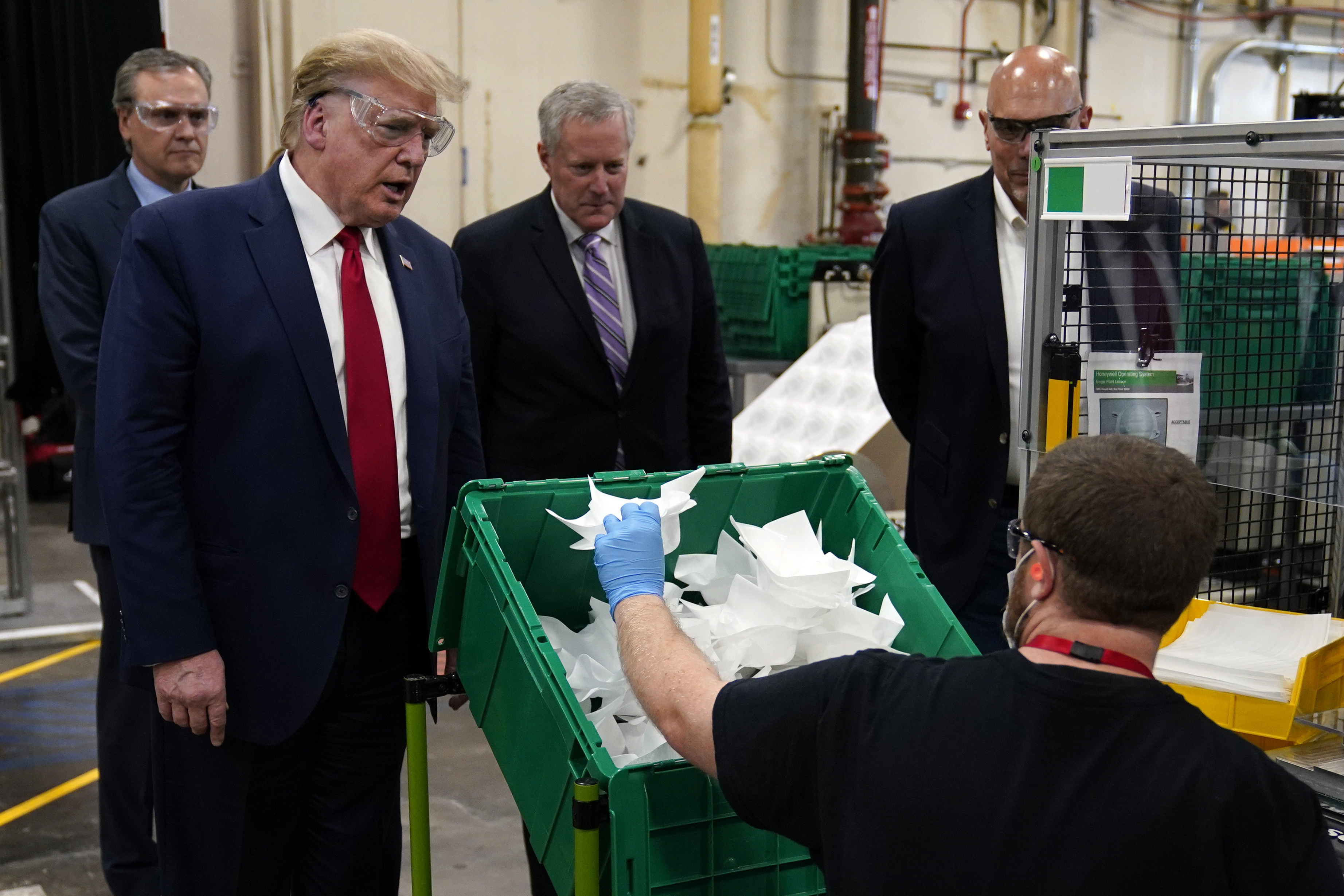 President Donald Trump tours a Honeywell plant that manufactures personal protective equipment, such as N95 masks, in Phoenix on May 5.