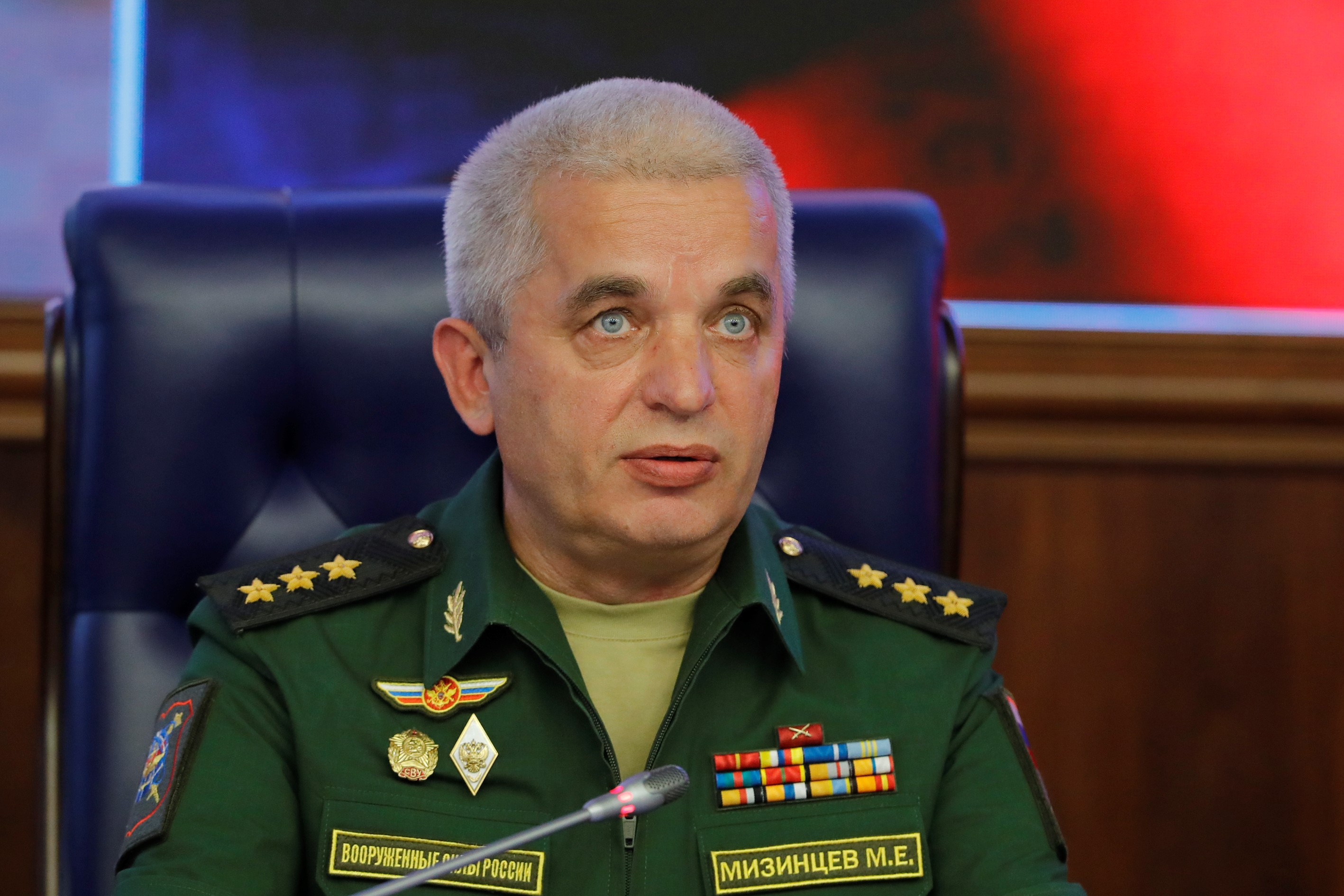 Colonel-General Mikhail Mizintsev speaks during a meeting at the Russian National Defense Management Center in Moscow, Russia, on July 20, 2018. 