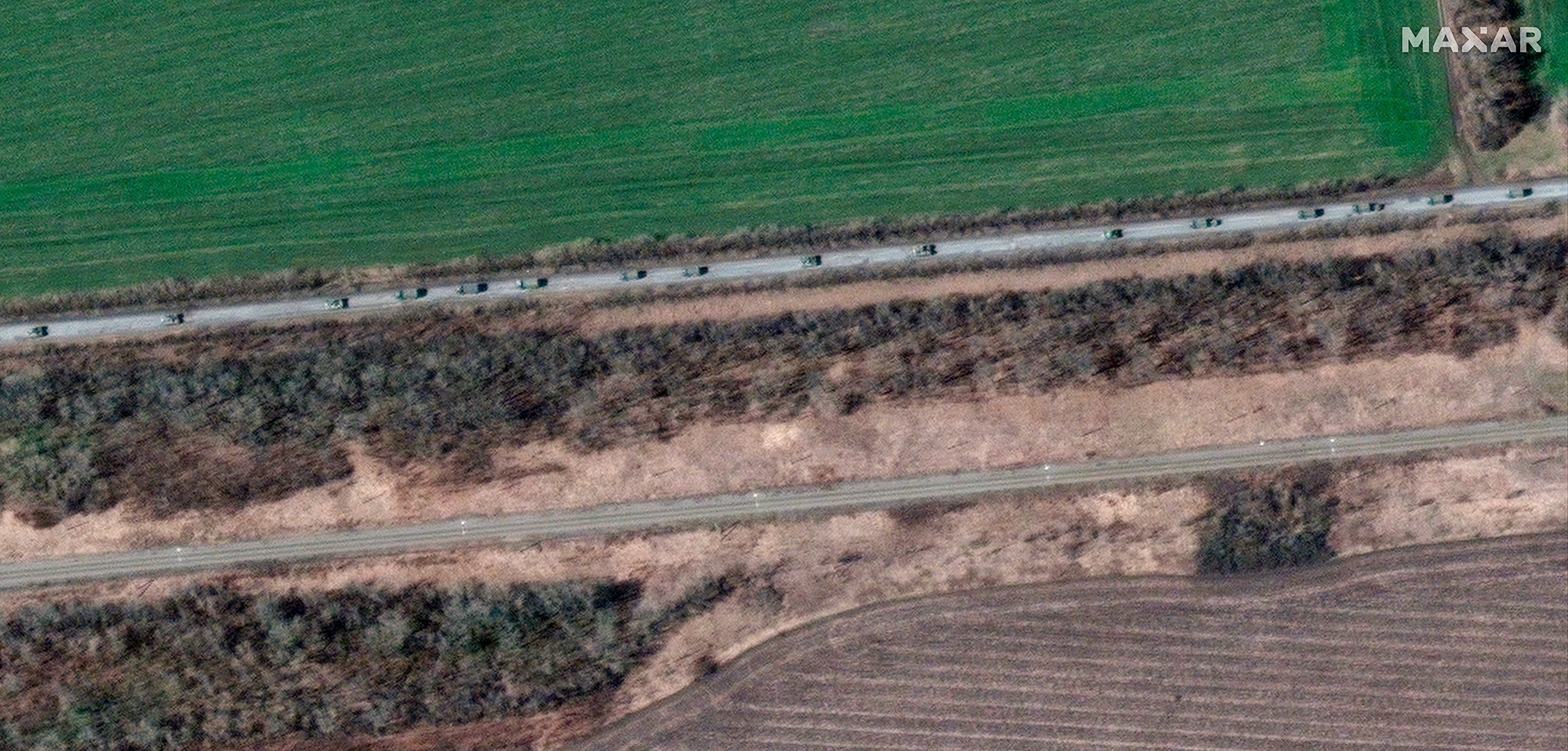 This satellite image shows a convoy of armored vehicles and trucks near Kharkiv, Ukraine on April 8. 
