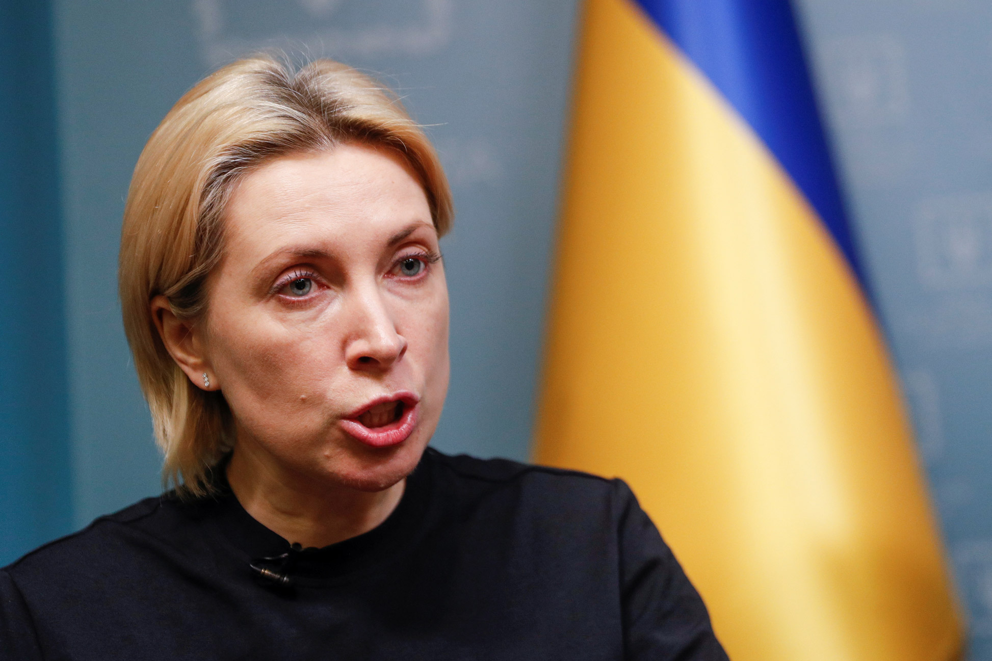 Ukrainian Deputy Prime Minister Iryna Vereshchuk speaks with reporters in Kyiv on April 11.
