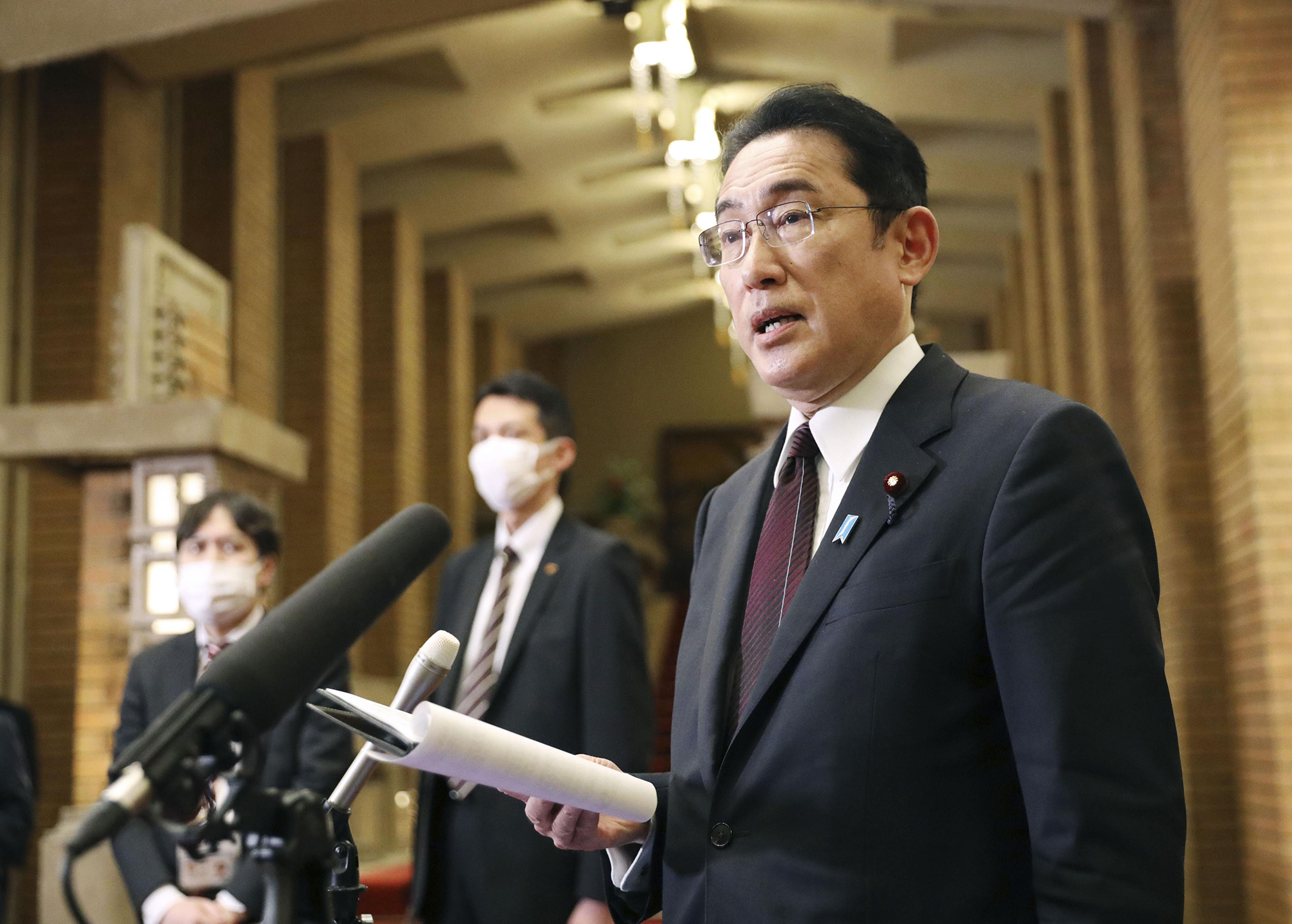 Japanese Prime Minister Fumio Kishida speaks with the press in Tokyo on February 27. 