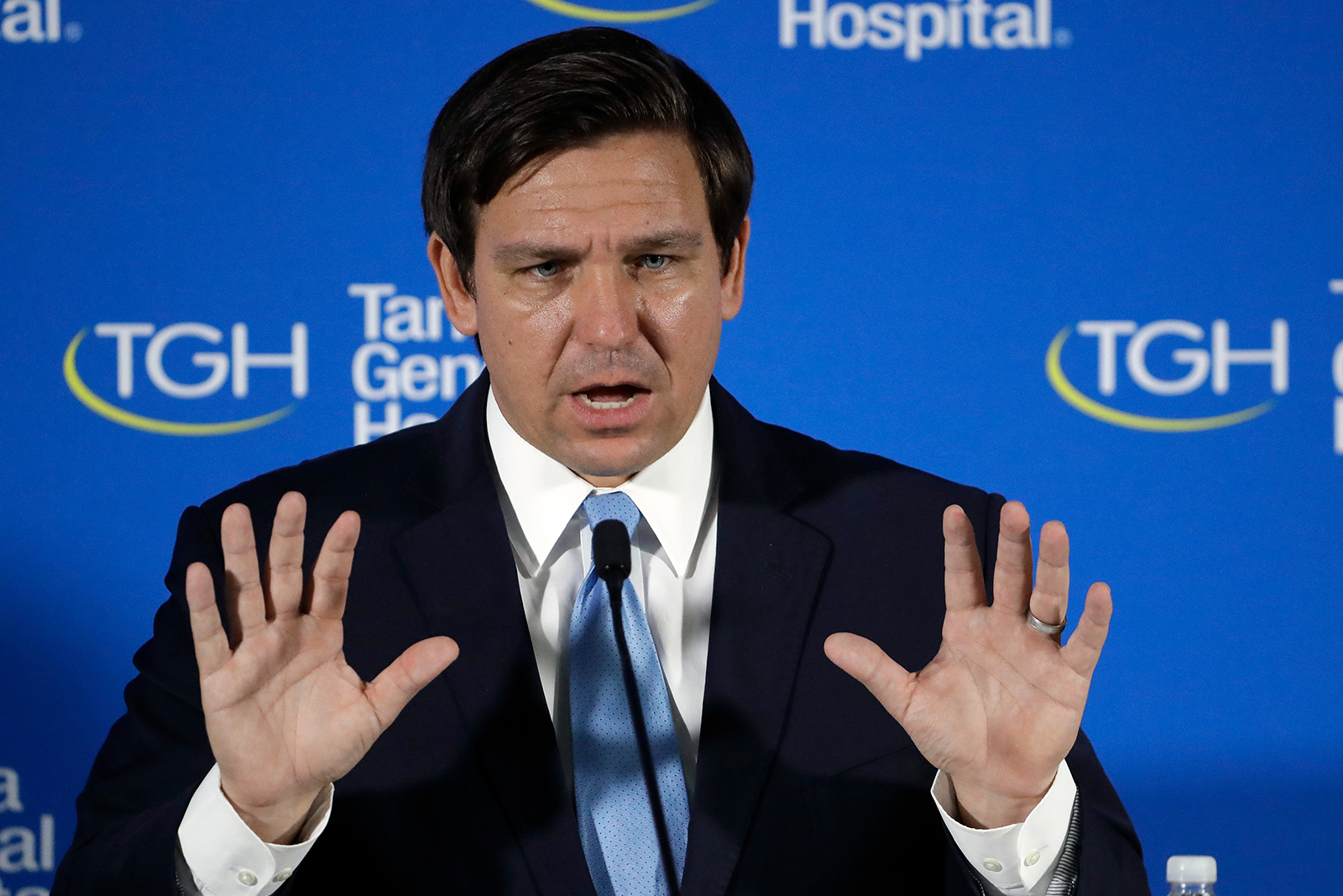 Florida Gov. Ron DeSantis gestures during a Covid-19 news conference on April 27, at the Tampa General Hospital in Tampa, Florida.