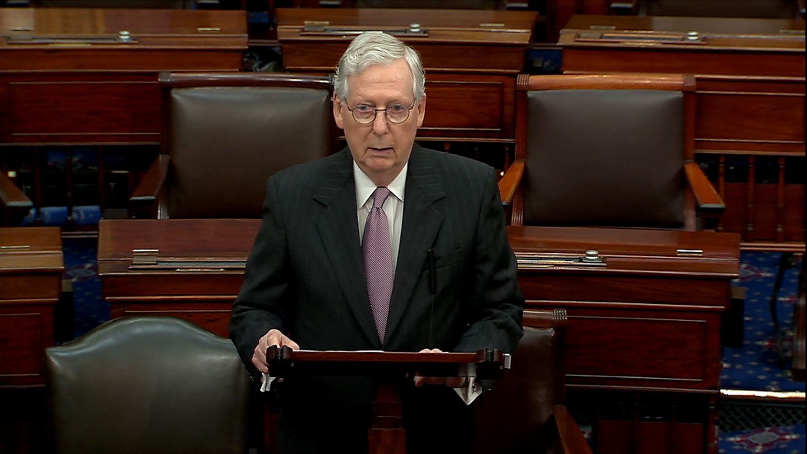 Senate Minority Leader Mitch McConnell delivers remarks from the Senate floor on Thursday.