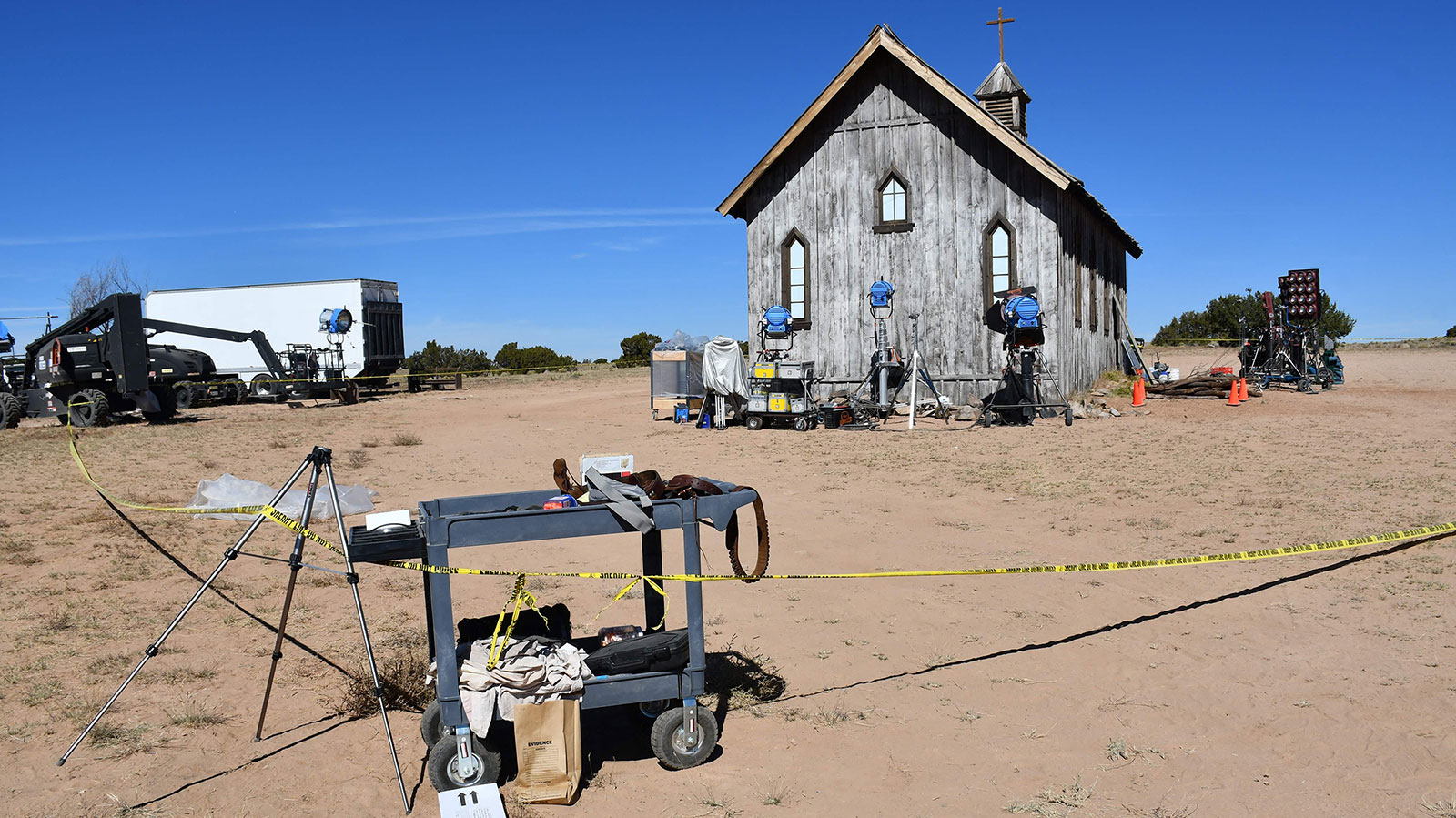 A prop cart rests by the scene of the shooting at the Bonanza Creek Ranch in Santa Fe on October 21.