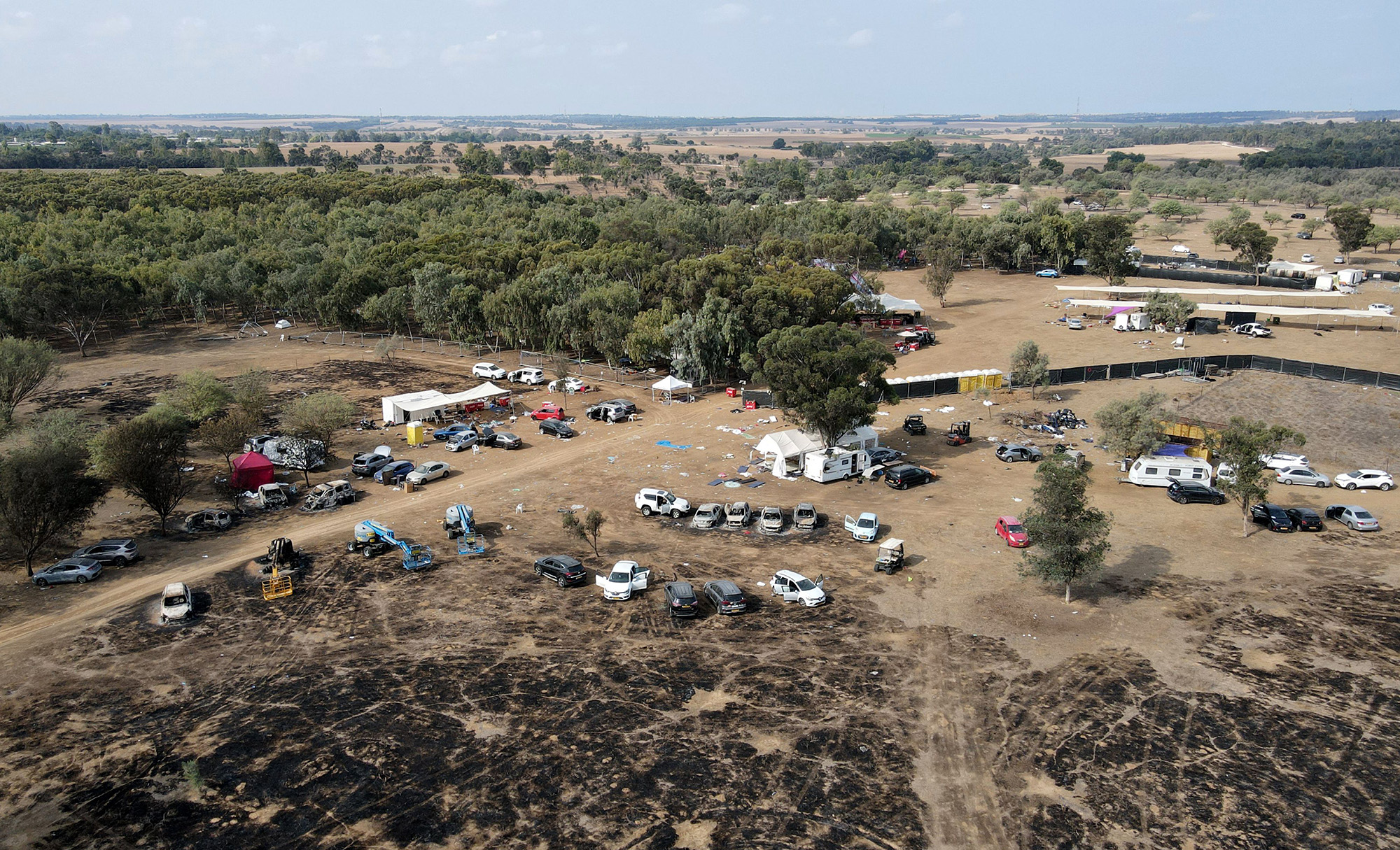 An aerial picture shows the abandoned site of the music festival in the Negev desert, southern Israel, on October 10.