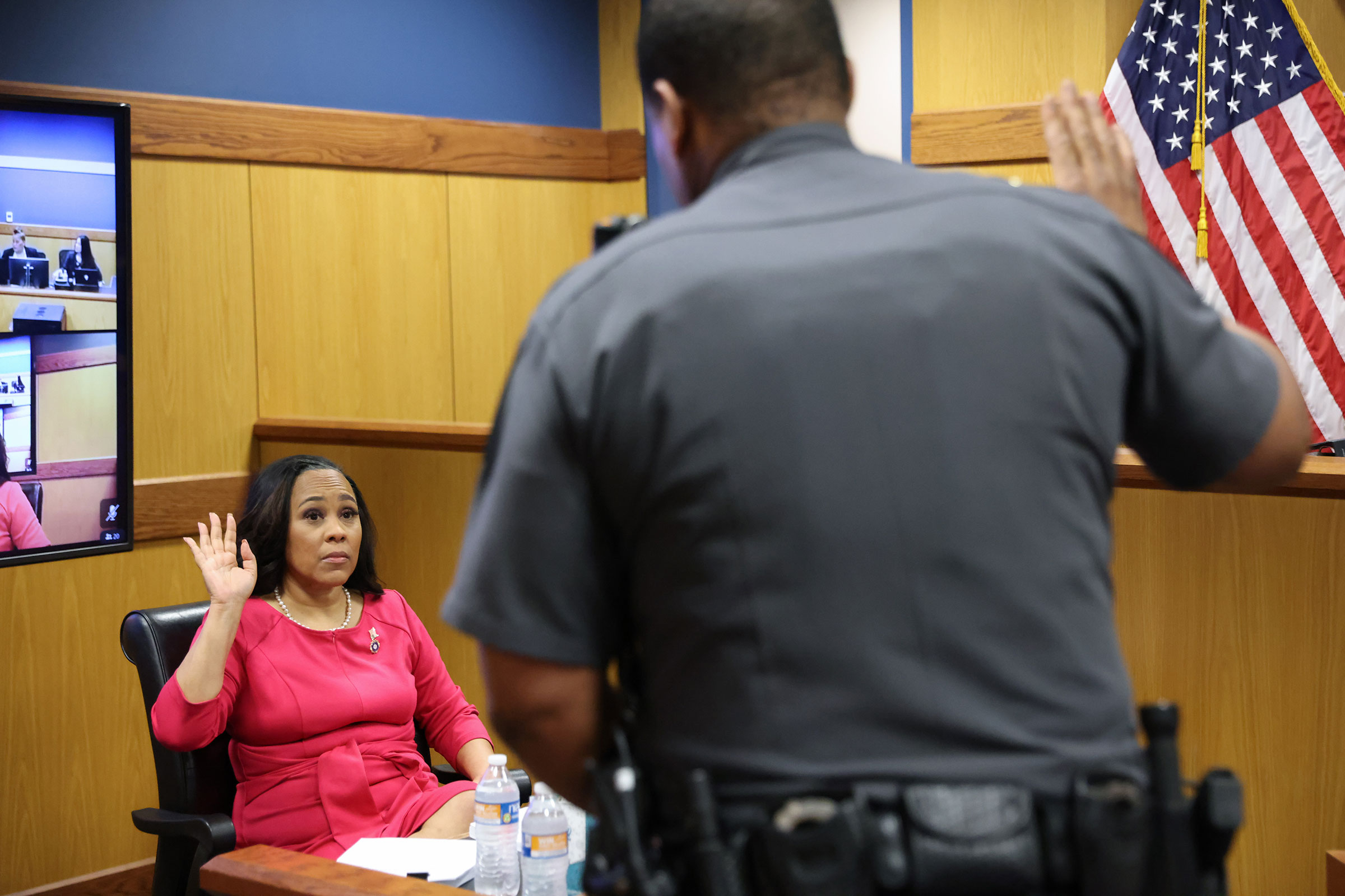 Fulton County District Attorney Fani Willis is sworn in to testify during a hearing in the case of the State of Georgia v. Donald John Trump at the Fulton County Courthouse on February 15 in Atlanta.