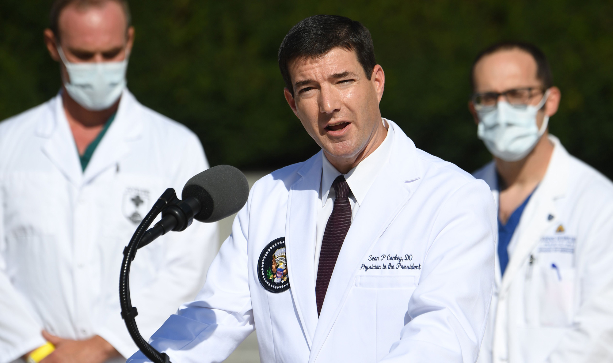 White House physician Dr. Sean Conley speaks on October 5 at Walter Reed Medical Center in Bethesda, Maryland. 