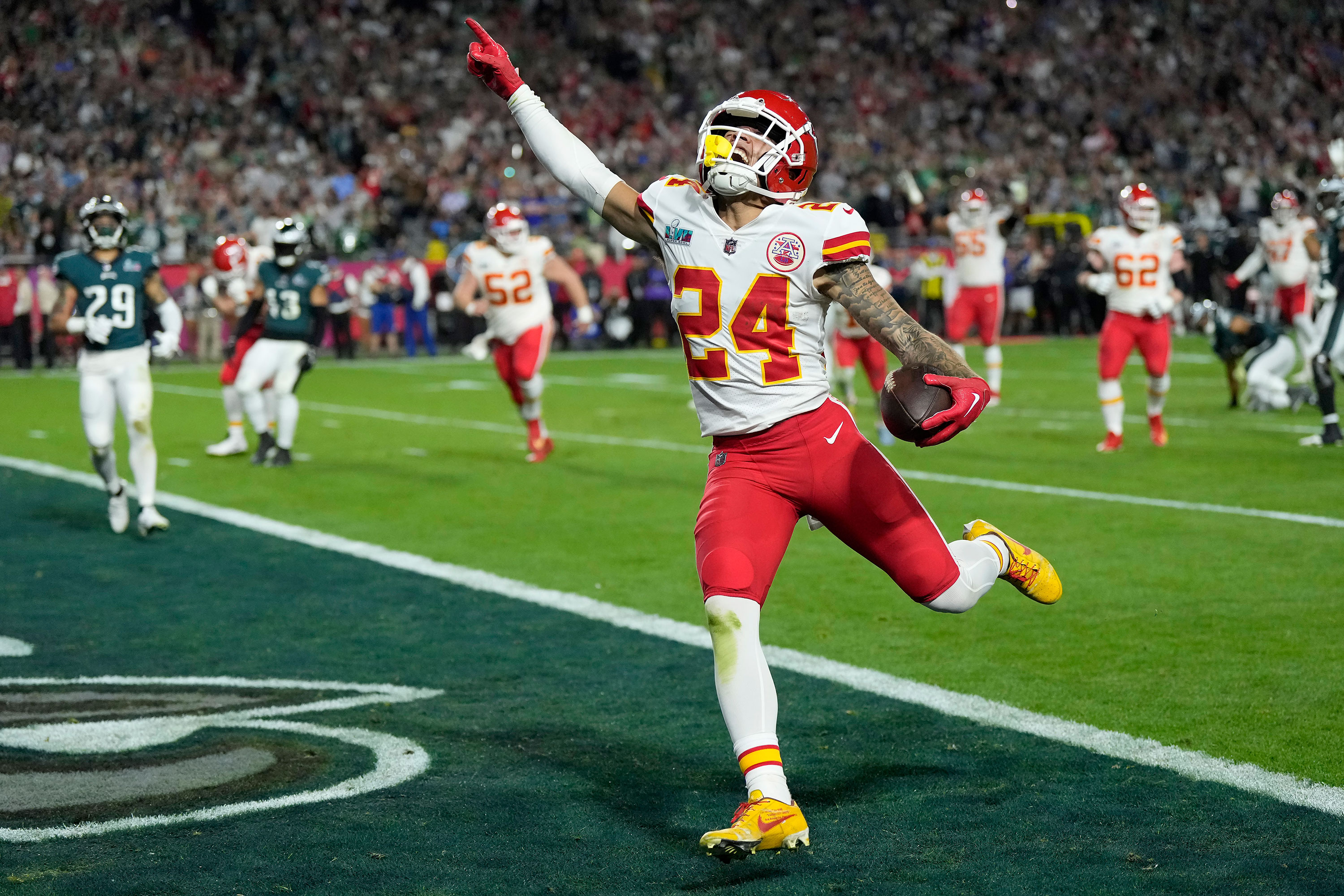 Chiefs wide receiver Skyy Moore celebrates his touchdown.