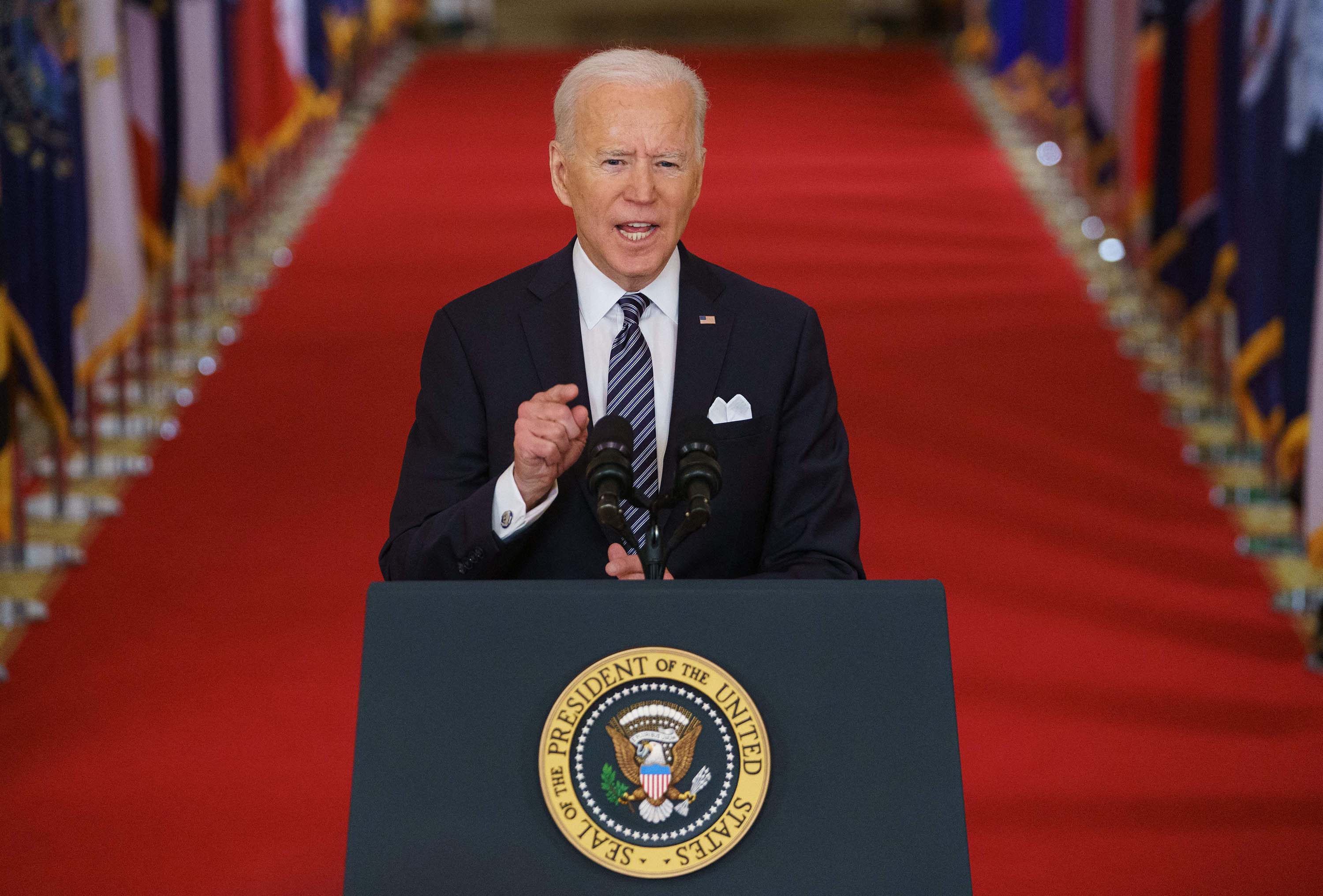 President Joe Biden speaks on the anniversary of the start of the Covid-19 pandemic in America, in the East Room of the White House in Washington, DC, on March 11.