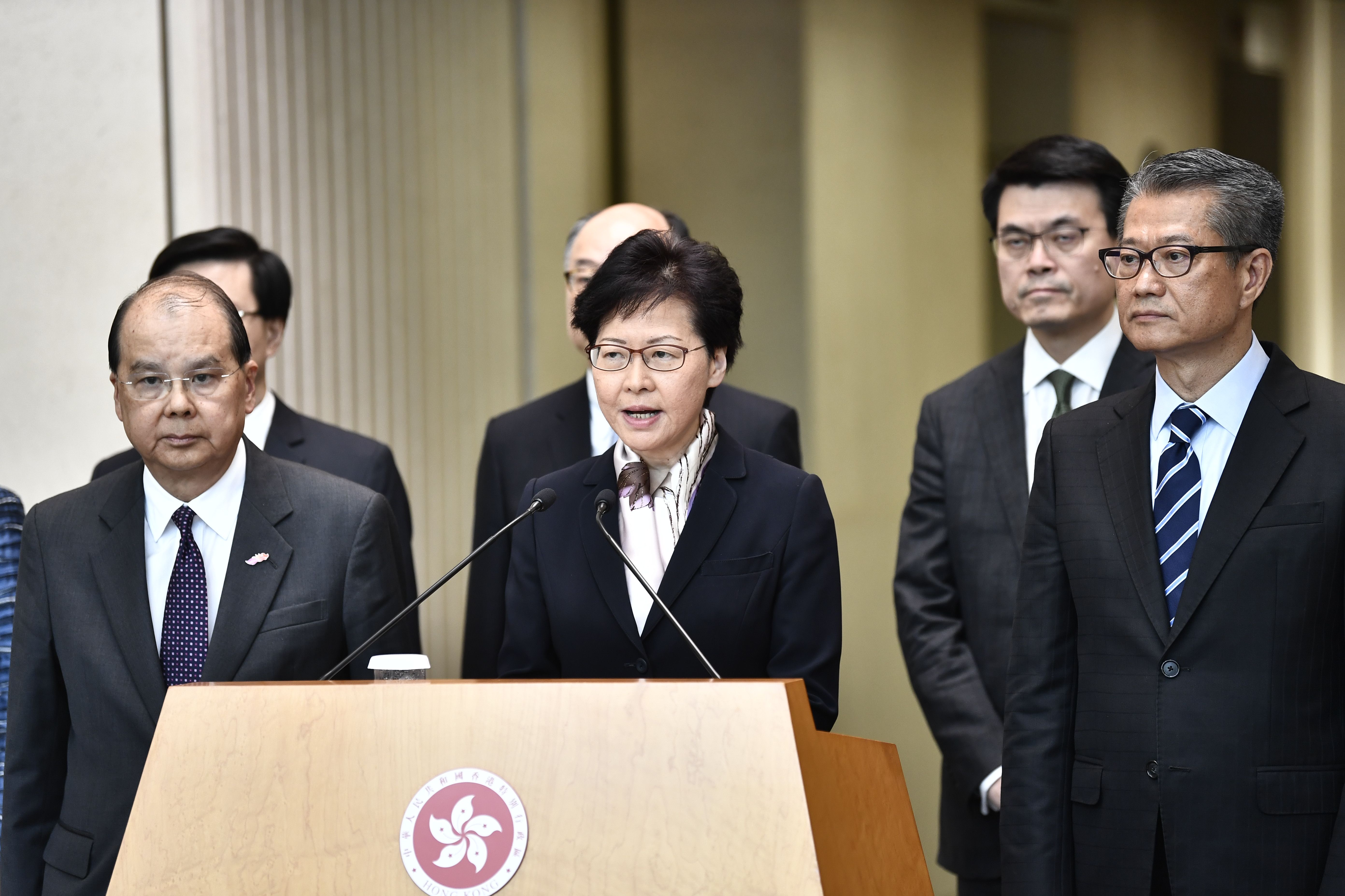 Hong Kong leader Carrie Lam speaks to the media Monday.