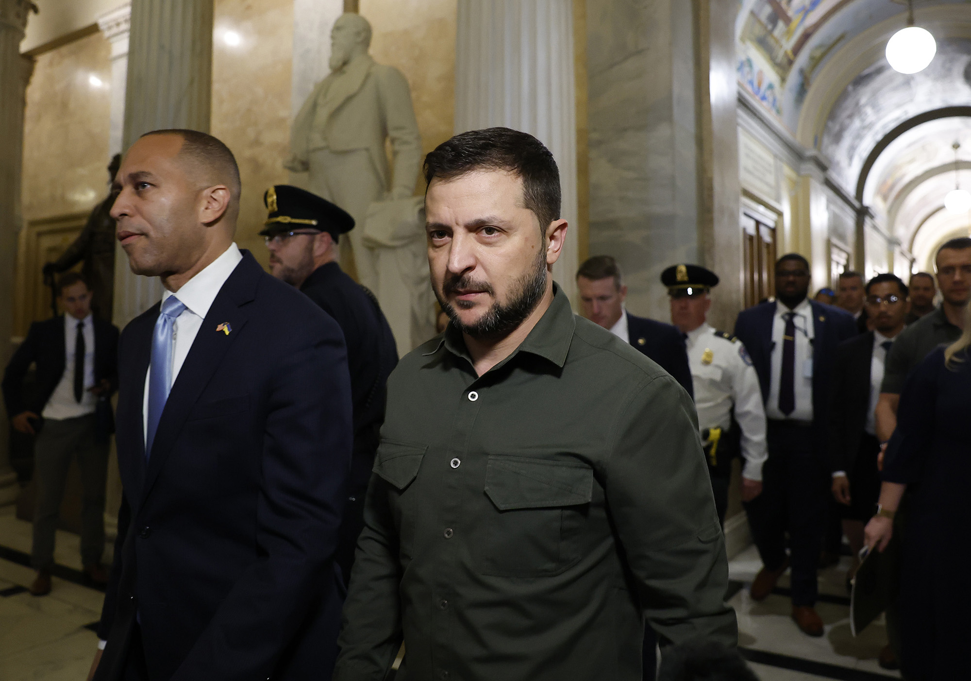 President of Ukraine Volodymyr Zelensky walks with Minority Leader Rep. Hakeem Jeffries as he arrives for a meeting with members of the U.S. House of Representatives at the U.S. Capitol on September 21, in Washington, DC. 