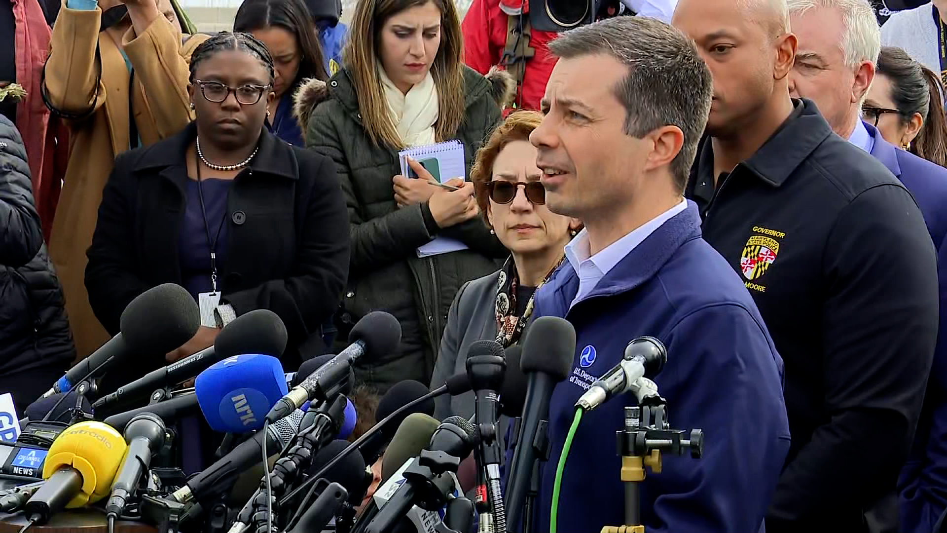 Transportation Secretary Pete Buttigieg speaks during a press conference in Baltimore on Tuesday.