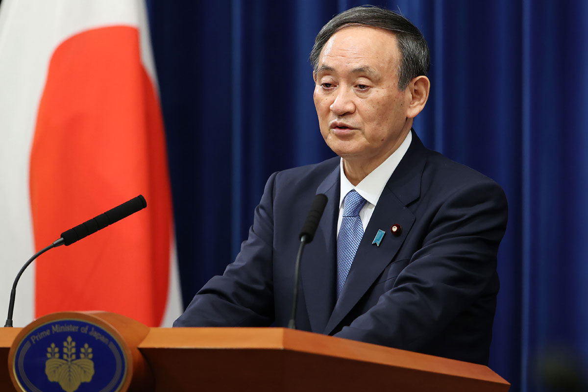 Japan's Prime Minister Yoshihide Suga speaks during a news conference in Tokyo on January 4.