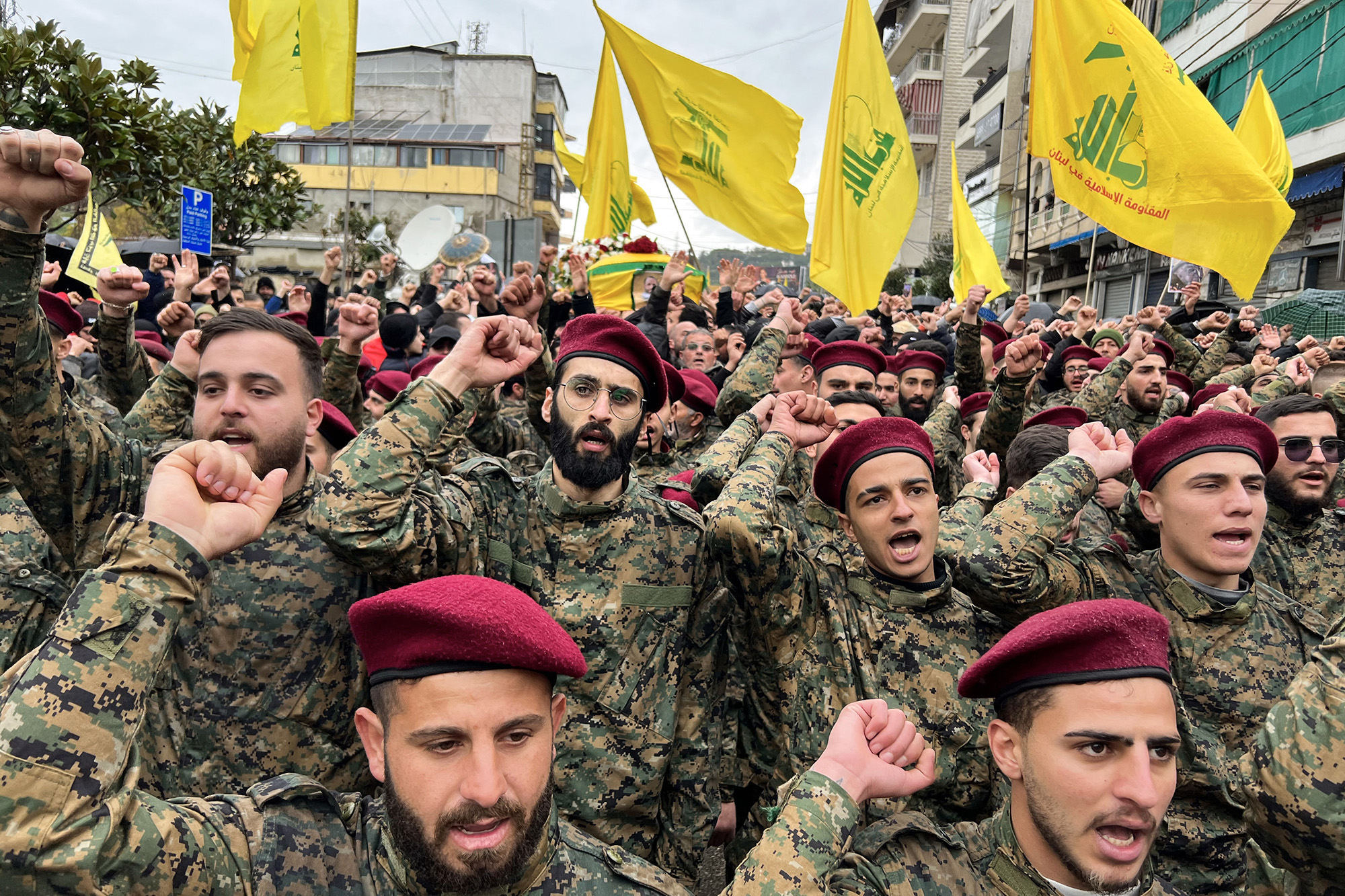 Hezbollah members and supporters attend a funeral in Lebanon's southern city of Nabatieyh on February 16.