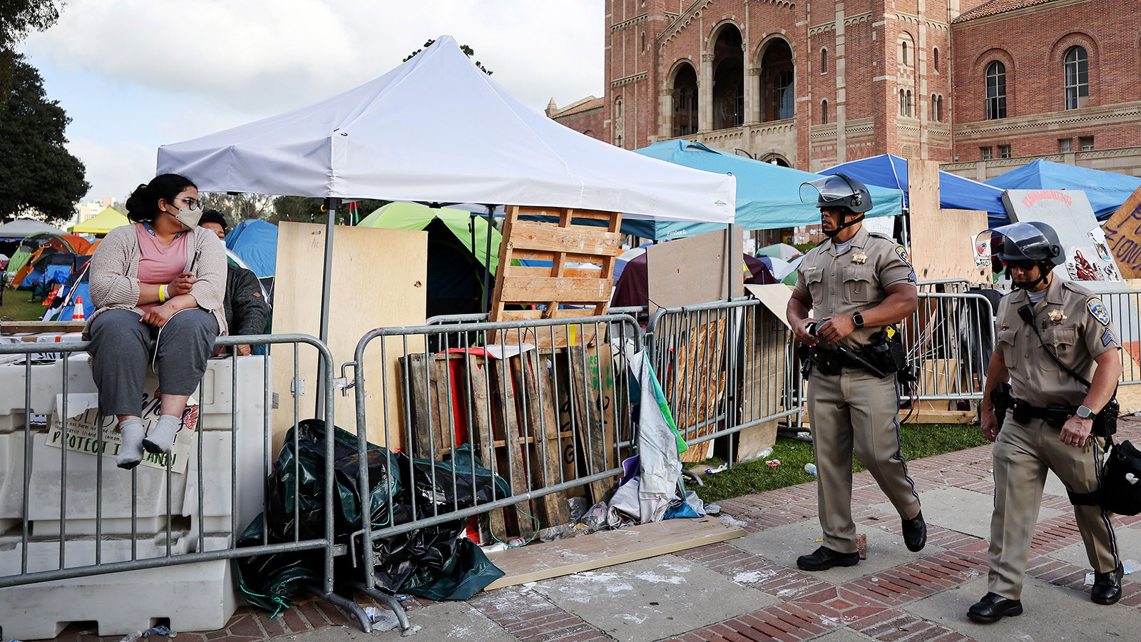 California Highway Patrol officers patrol near an encampment at the University of California Los Angeles campus on May 1.