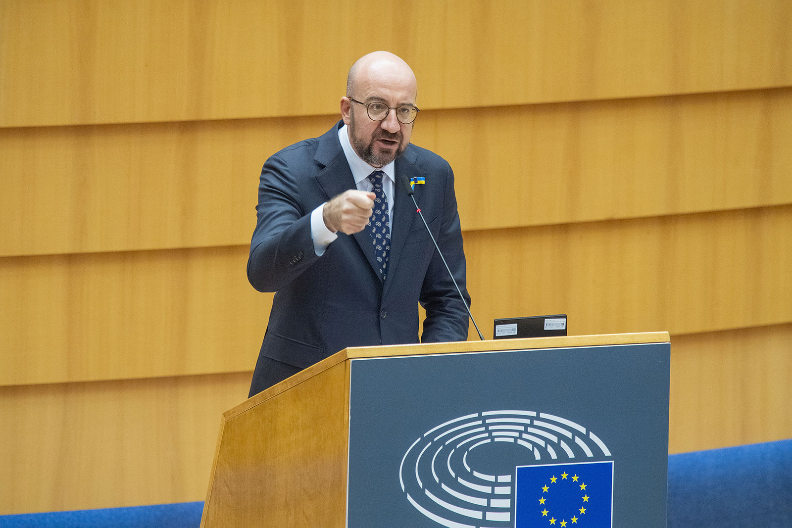 European Council President Charles Michel gives a speech during a plenary session of the European parliament in Brussels on March 1.