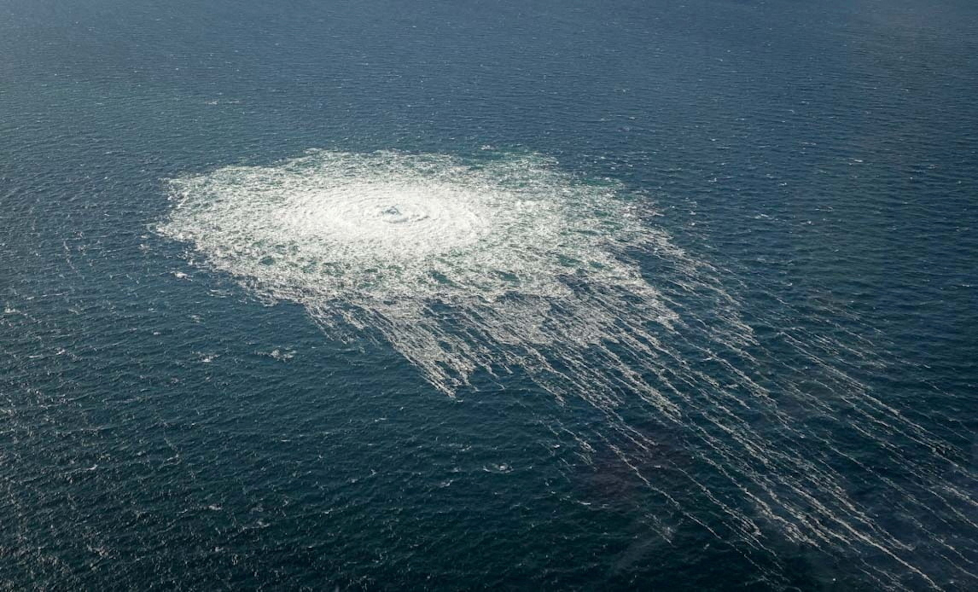 Gas bubbles from the Nord Stream 2 pipeline leak reach the surface of the Baltic Sea near Bornholm, Denmark, on September 27, 2022. 