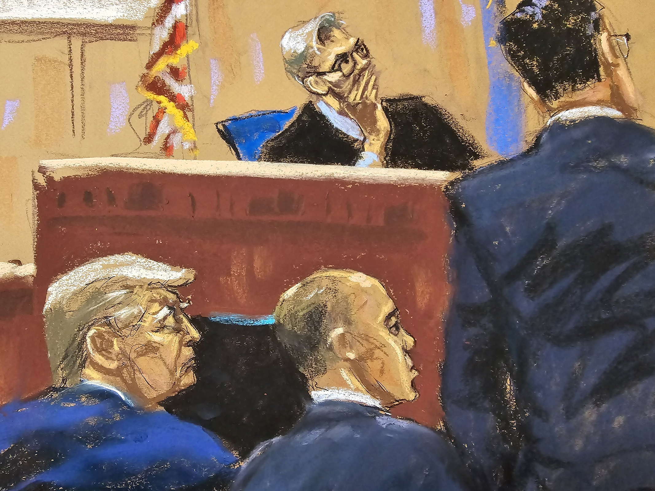 Trump and one of his attorneys, Emil Bove, and Judge Juan Merchan, top center, listen to Pecker, not pictured, as the "tabloid king" testifies.