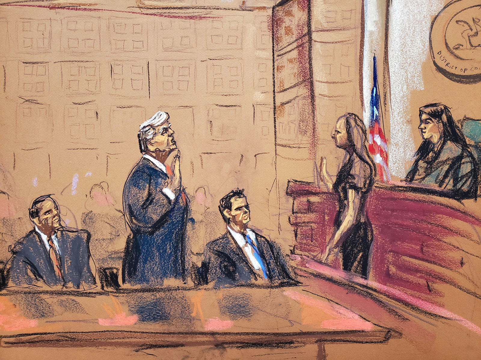 A courtroom sketch shows Trump standing between his attorneys Todd Blanche and John Lauro as he takes an oath before Magistrate Judge Moxila A. Upadhyaya in federal court on Thursday, August 3.