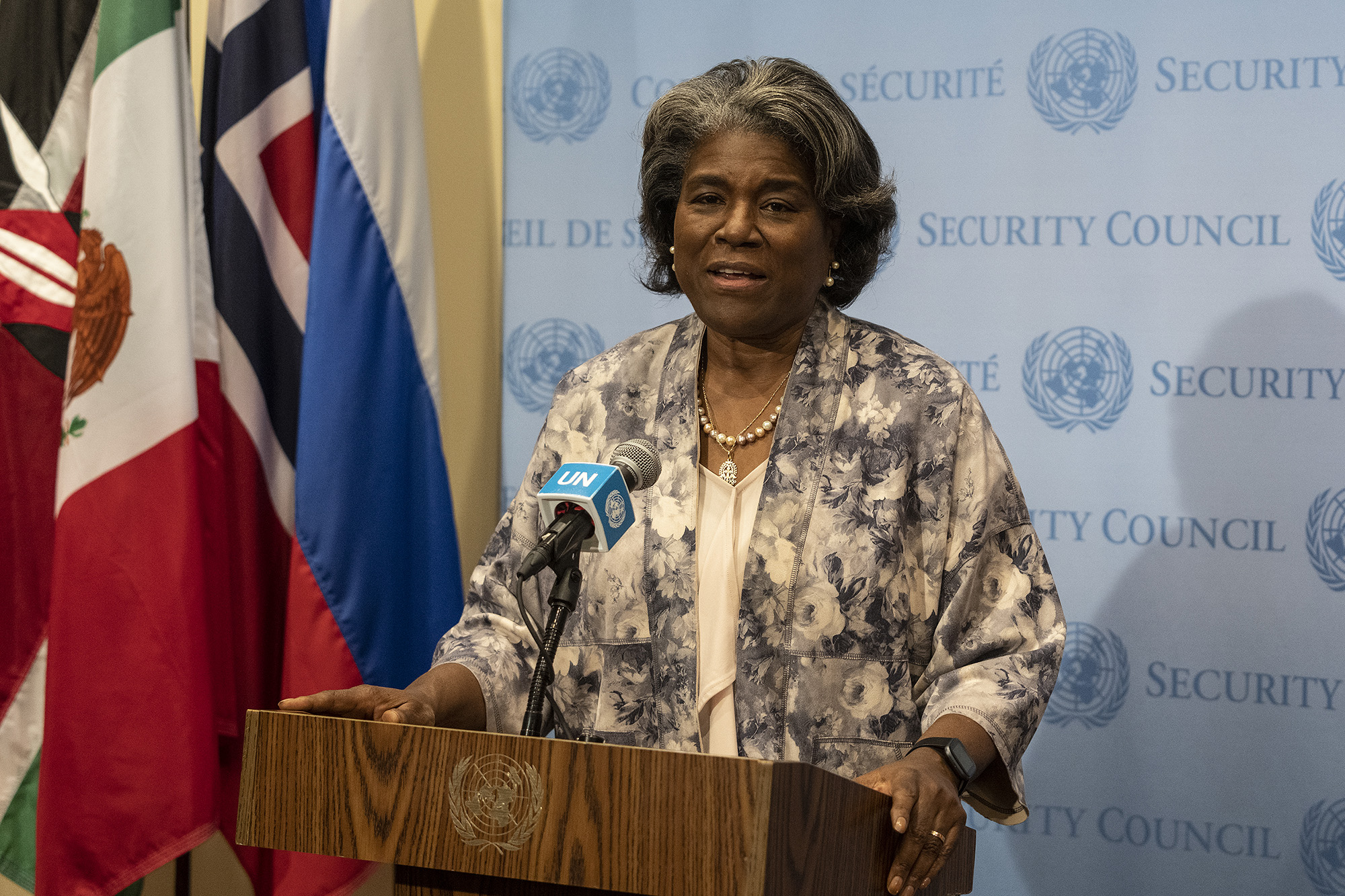 US Ambassador Linda Thomas-Greenfield speaks to the media after the conclusion of the Eleventh Emergency Special Session of General Assembly at the UN Headquarters, New York City, on March 24.