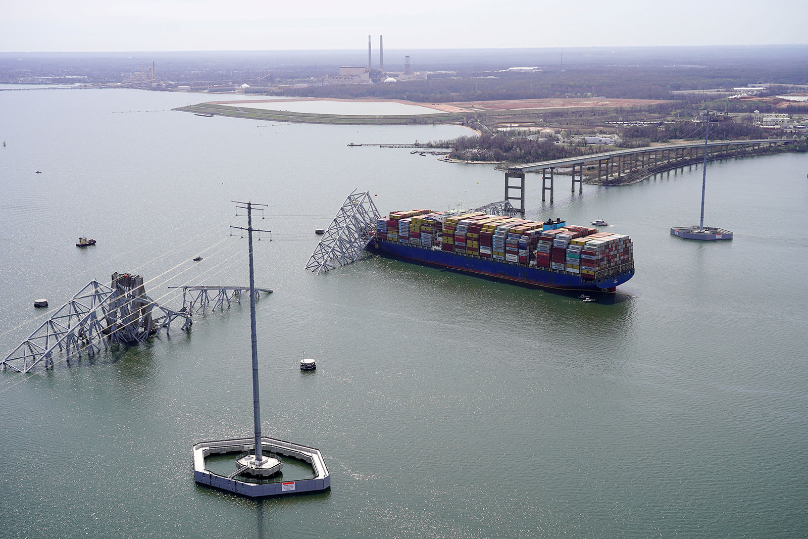 Aerial view of the Dali cargo vessel and collapsed bridge seen on Tuesday, March 26.