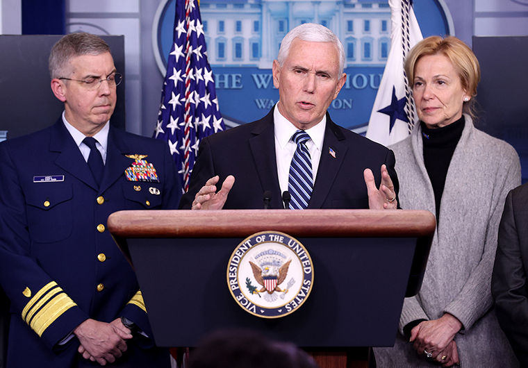 Vice President Mike Pence and members of the Coronavirus Task Force hold a press briefing at the White House on Friday, March 6, in Washington.