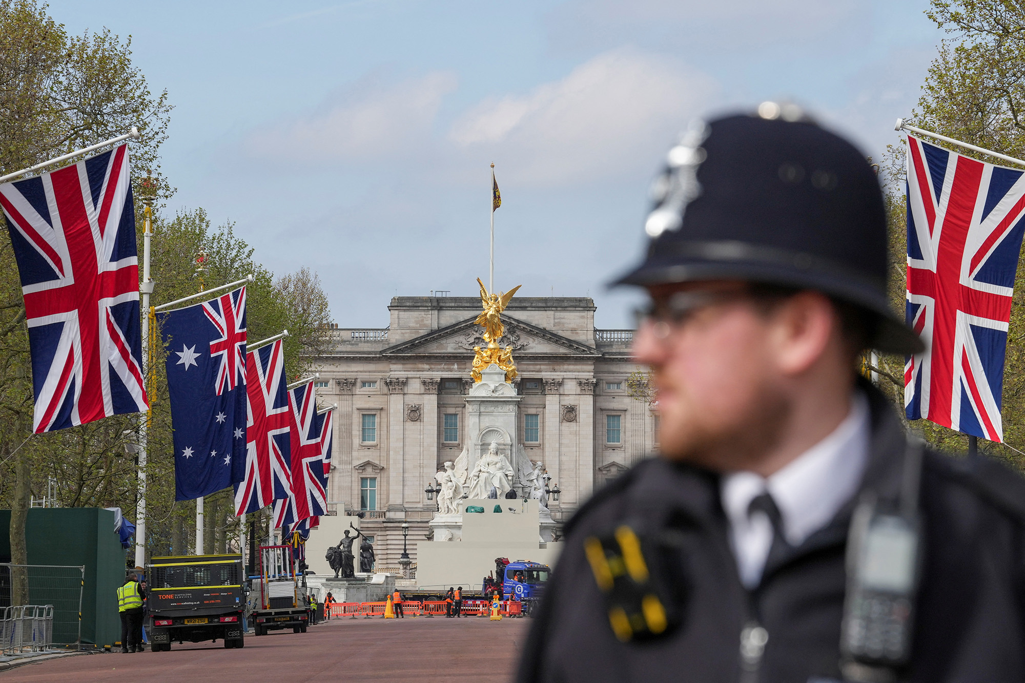 A police officer keeps guard ahead of King Charles' coronation, in London, England, on May 3.