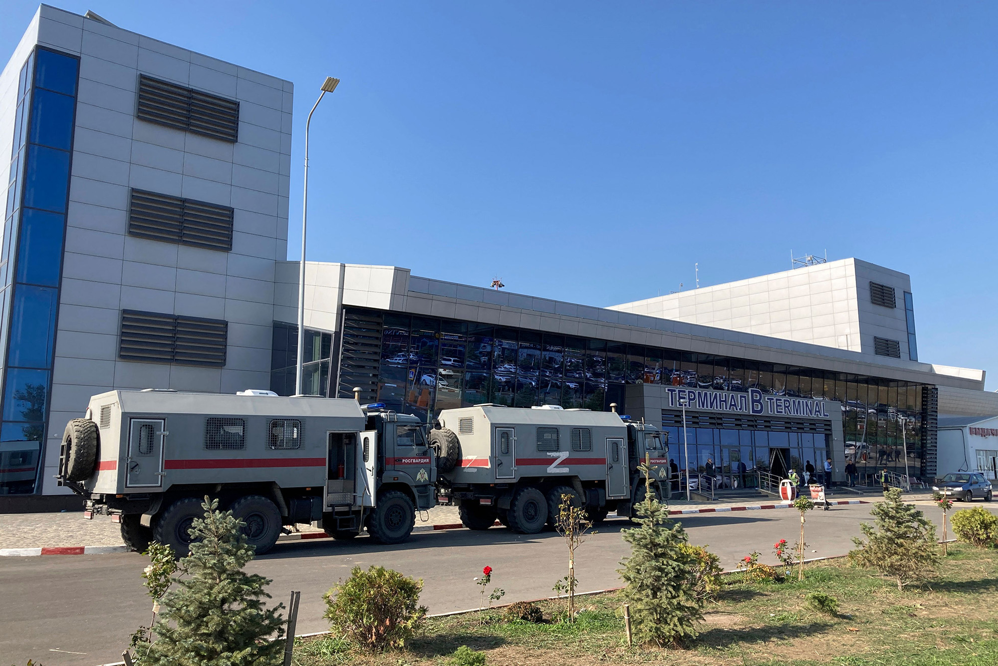 Russian National Guard vans parked at the airport in Makhachkala, Dagestan, on October 30.