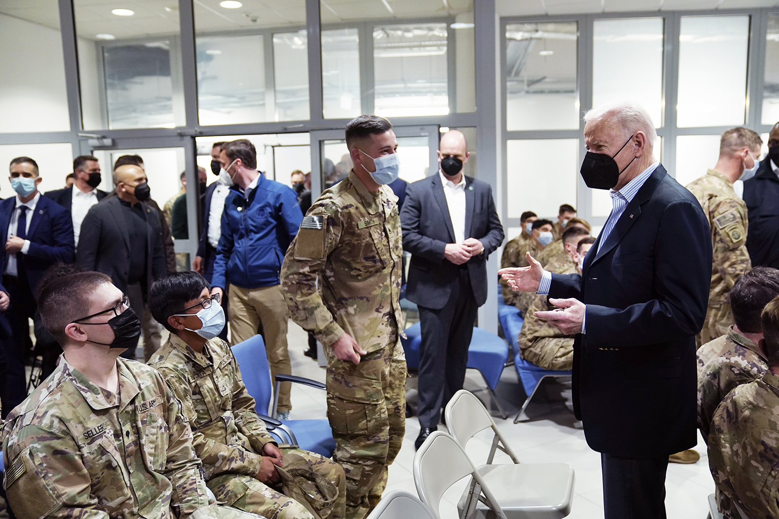 President Joe Biden visits with members of the 82nd Airborne Division at the G2A Arena, on March 25, in Jasionka, Poland. 
