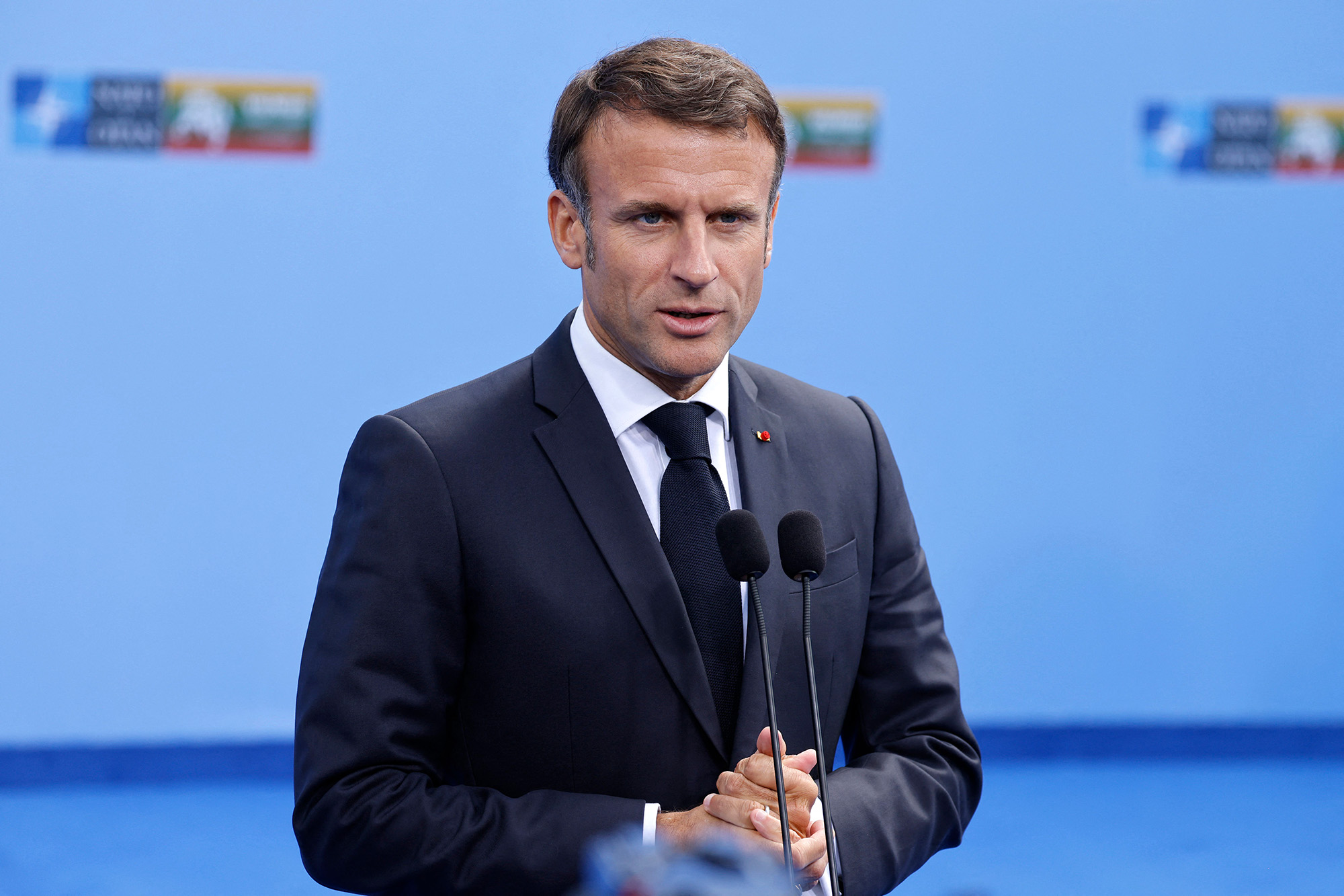France's President Emmanuel Macron speaks during the NATO summit, in Vilnius, Lithuania, on July 11.